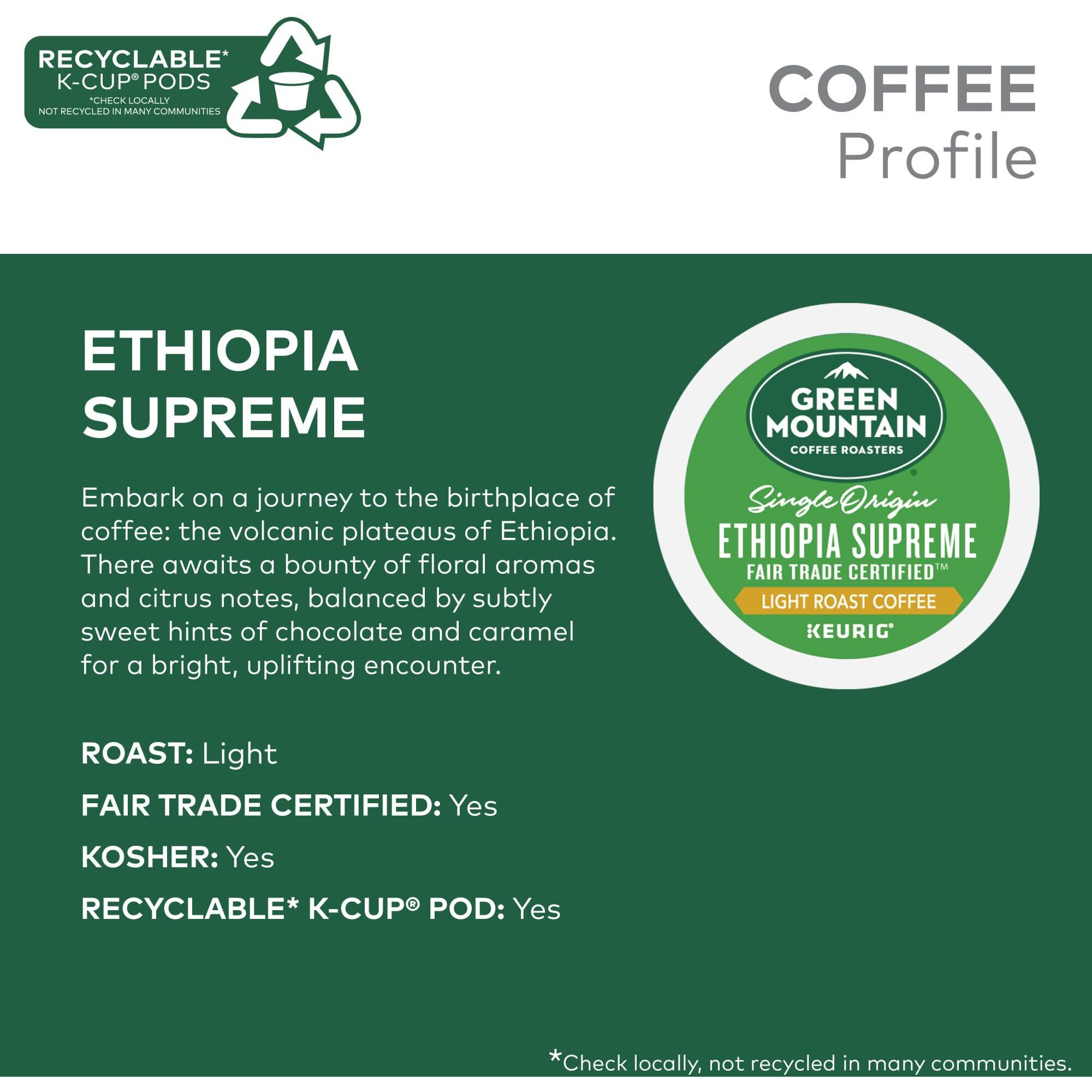 Green Mountain Coffee Roasters Ethiopia Supreme, Single-Serve Keurig K-Cup Pods, Light Roast Coffee, 96 Count
