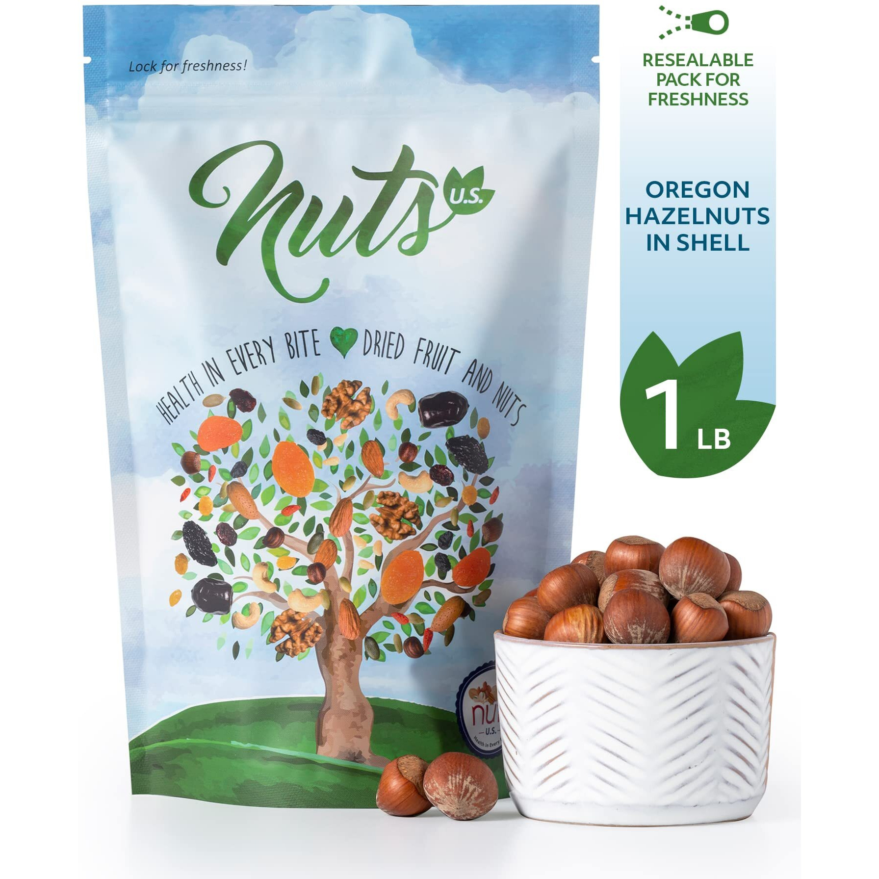 Nuts U.S. - Oregon Hazelnuts In Shell | Whole, Raw And Unsalted | No Added Flavor And Non-Gmo | Fresh Buttery Taste And Easy To Crack | Natural Unshelled Hazelnuts Packed In Resealable Bags (1 Lb)