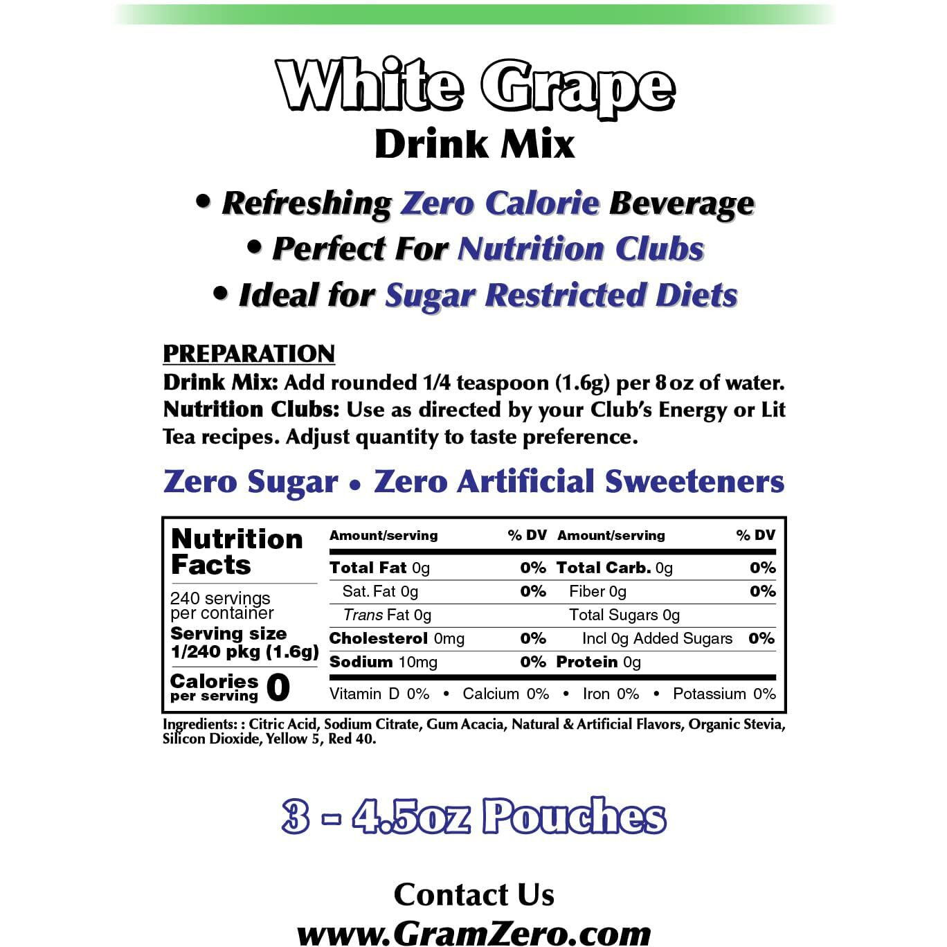 Gramzero White Grape Zero Calorie Sugar Free Drink Mix, Great For Nutrition Club Loaded Teas, Stevia Sweetened