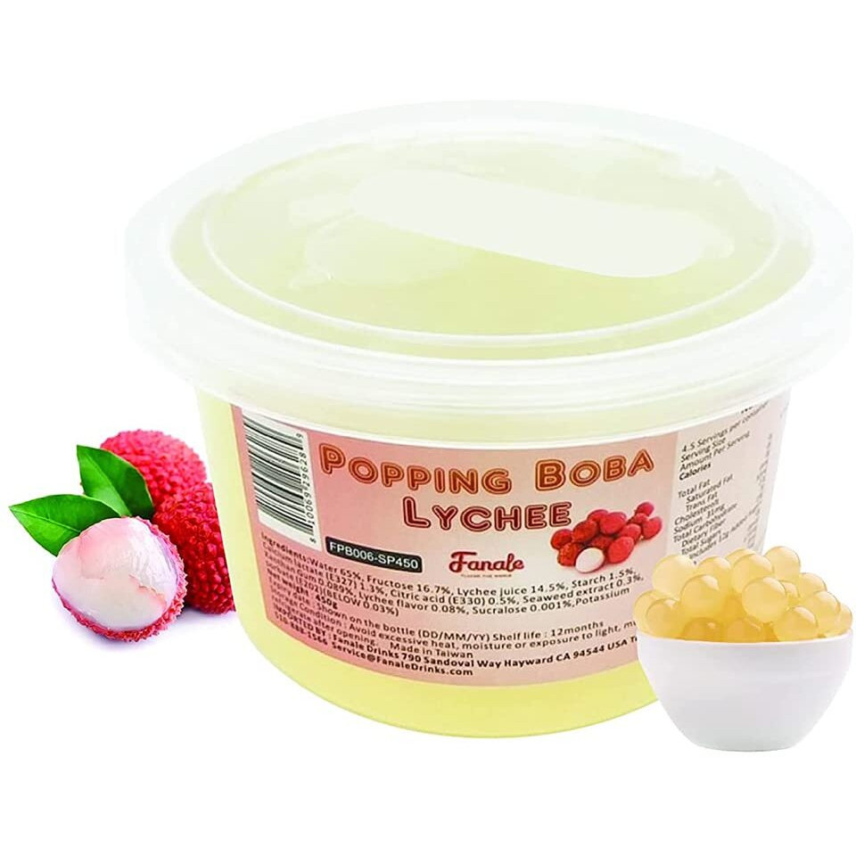 Fanale Lychee Popping Boba, 100% Fat Free, Vegan, Bursting Boba Pearls, Flavored Pearls For Bubble Tea, Shakes, Desserts & Smoothie, Popping Boba Pearls, 1 Pound (Pack Of 1)