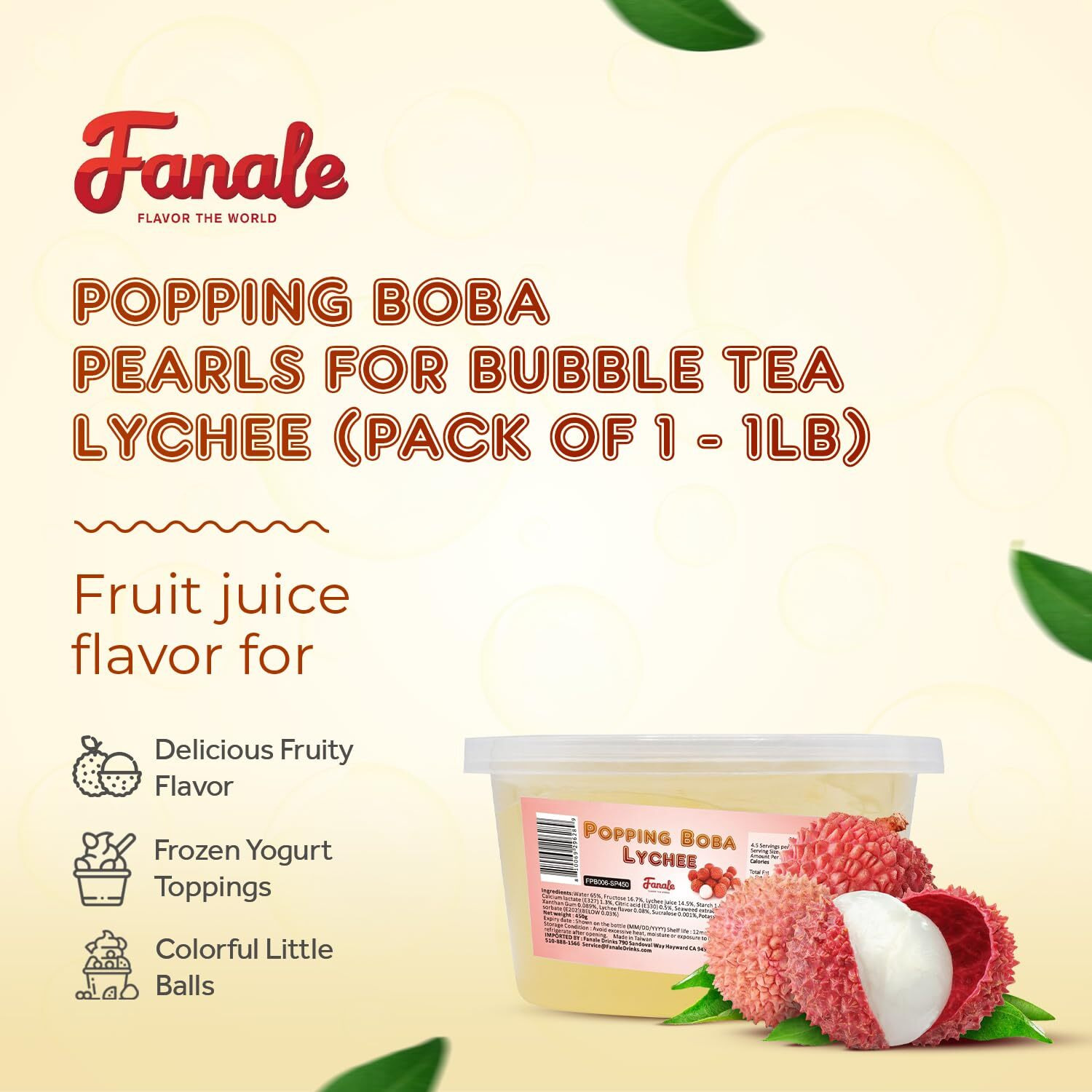 Fanale Lychee Popping Boba, 100% Fat Free, Vegan, Bursting Boba Pearls, Flavored Pearls For Bubble Tea, Shakes, Desserts & Smoothie, Popping Boba Pearls, 1 Pound (Pack Of 1)