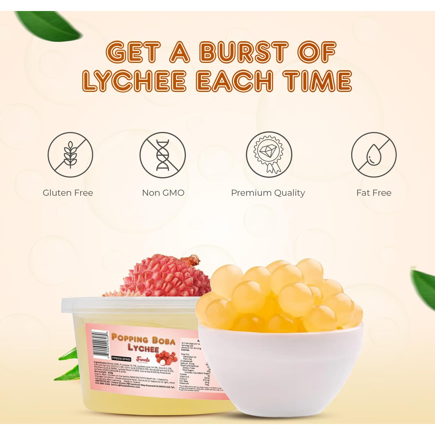 Fanale Lychee Popping Boba, 100% Fat Free, Vegan, Bursting Boba Pearls, Flavored Pearls For Bubble Tea, Shakes, Desserts & Smoothie, Popping Boba Pearls, 1 Pound (Pack Of 1)