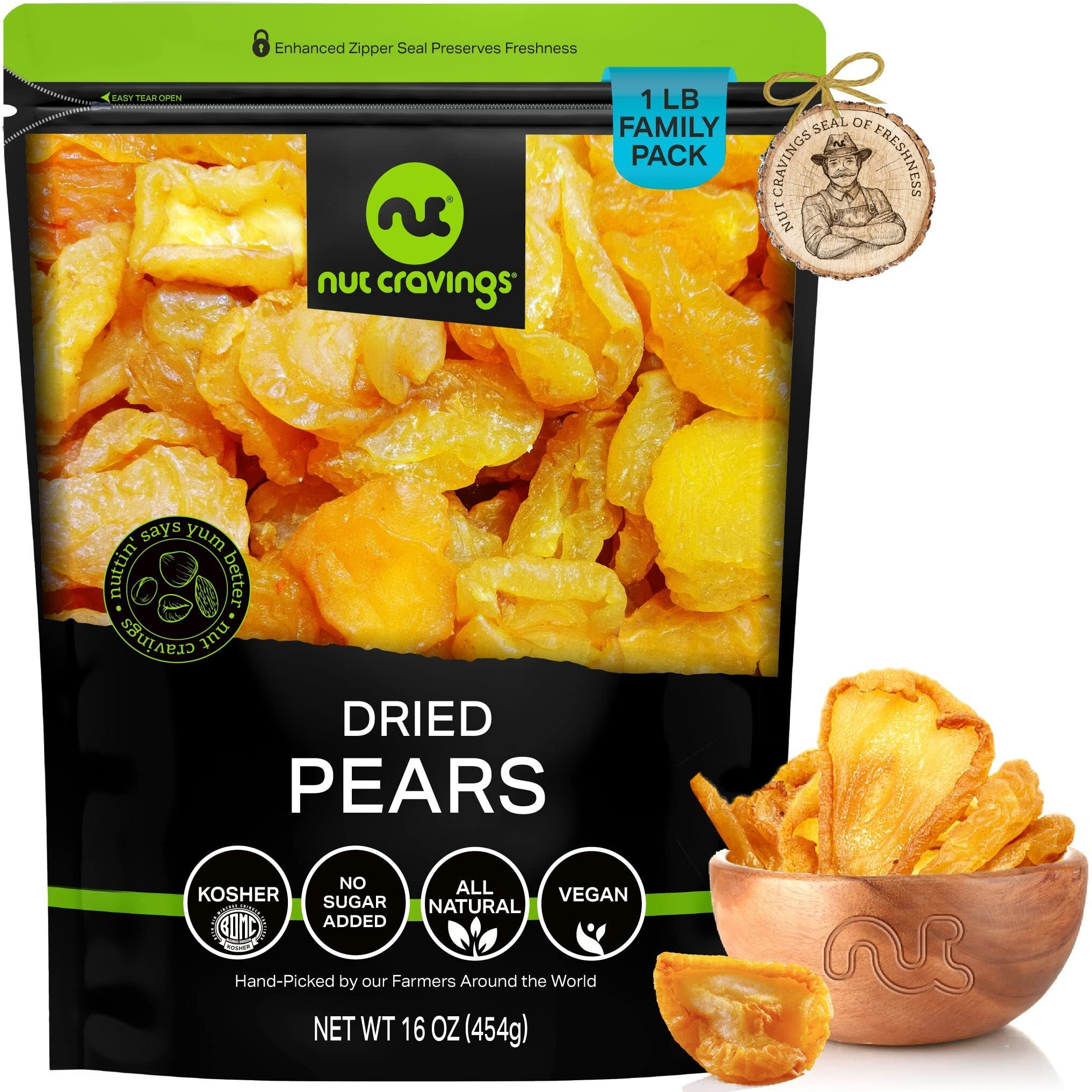 Nut Cravings Dry Fruits - Sun Dried California Pears, No Sugar Added (16Oz - 1 Lb) Packed Fresh In Resealable Bag - Sweet Snack, Healthy Food, All Natural, Vegan, Kosher Certified