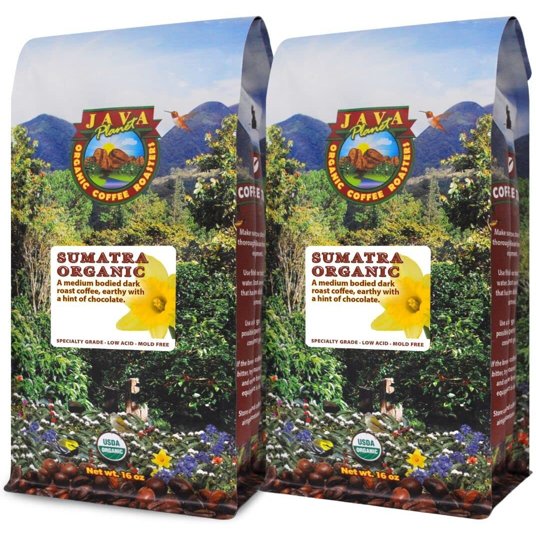 Java Planet Organic, Sumatra Single Origin Dark Roast, Smooth Full Flavored Organic Coffee Beans, Low Acid, Whole Bean Coffee Two 1Lb Bags