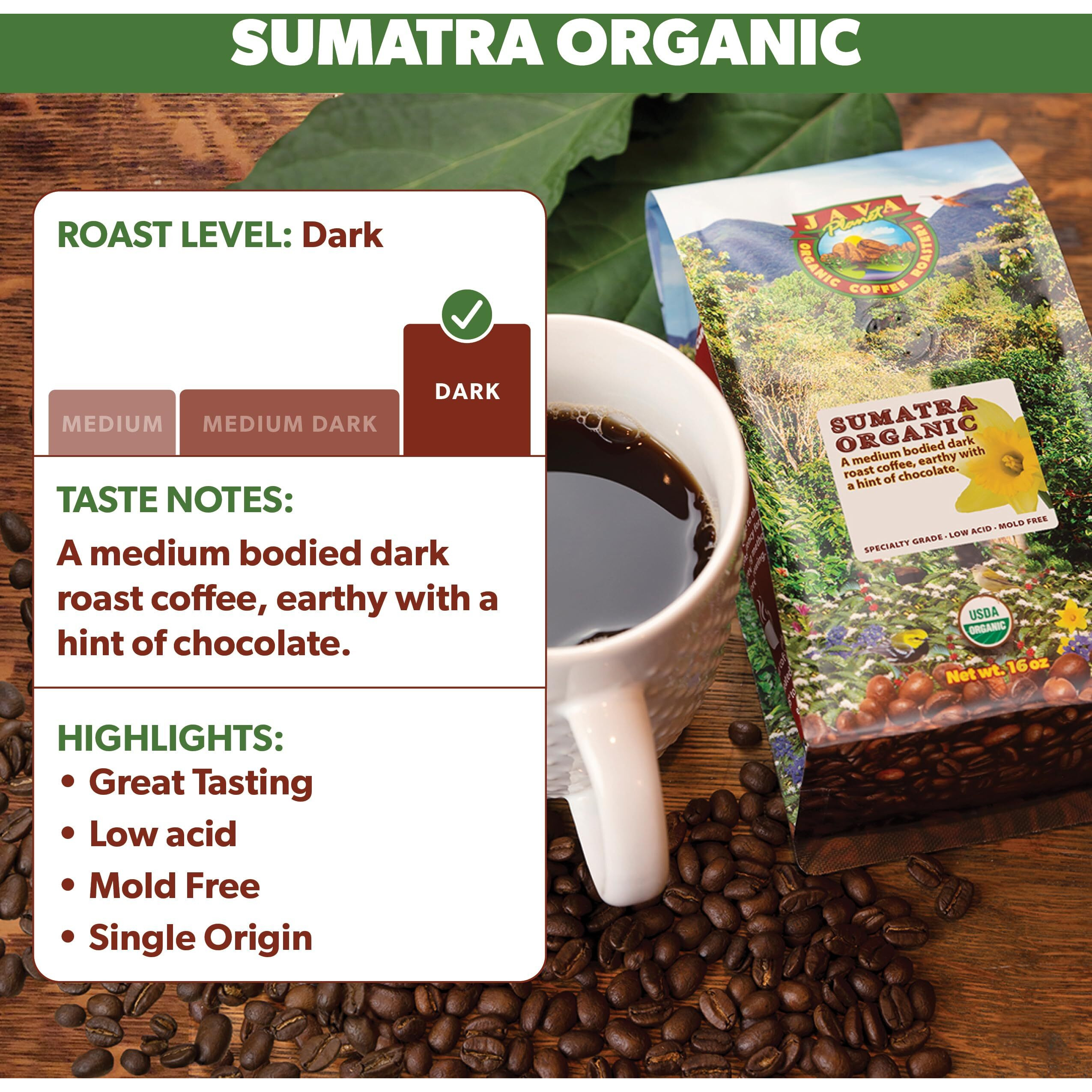 Java Planet Organic, Sumatra Single Origin Dark Roast, Smooth Full Flavored Organic Coffee Beans, Low Acid, Whole Bean Coffee Two 1Lb Bags