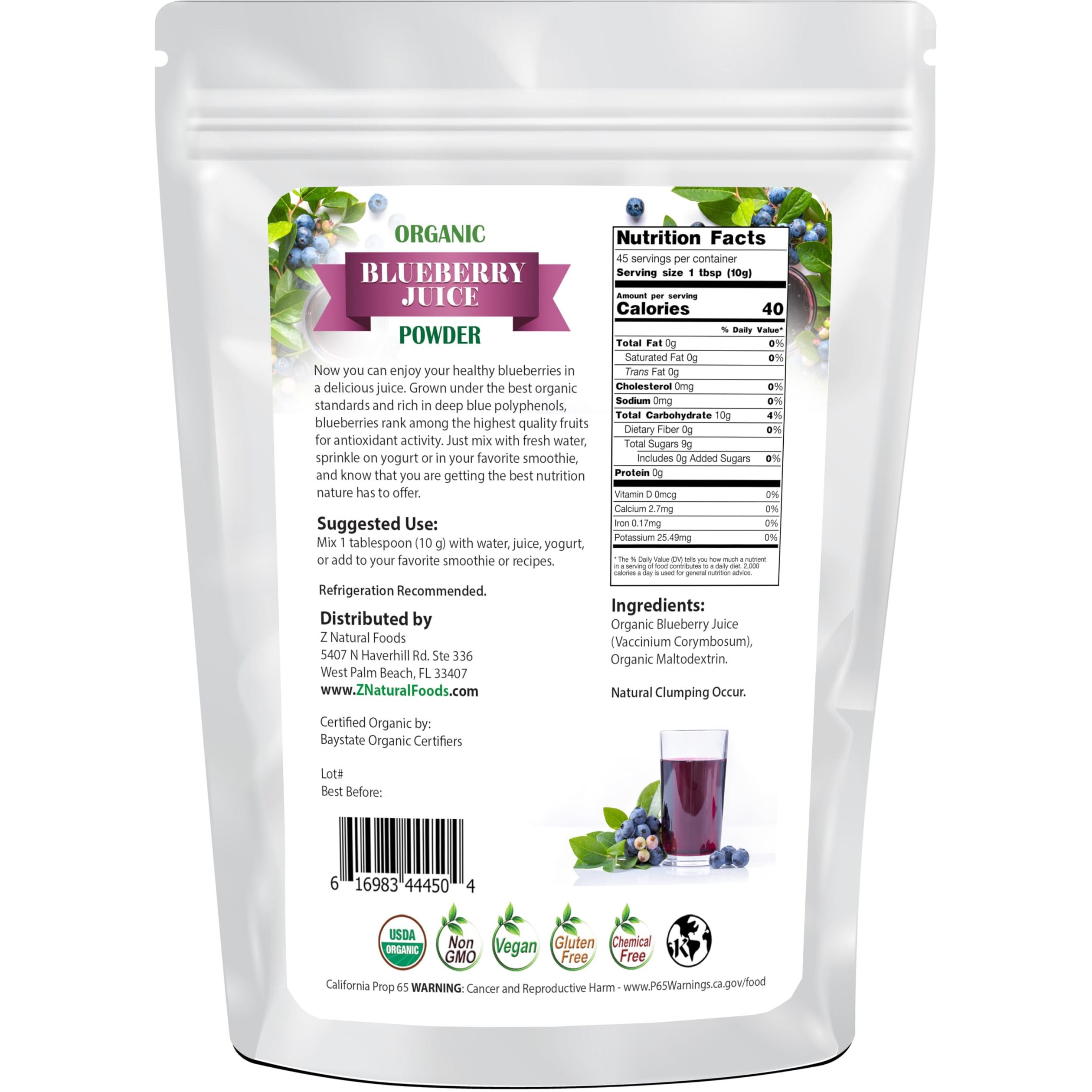 Organic Blueberry Juice Powder - Superfood Berry Antioxidant Supplement - Mix In Drinks, Shakes, Smoothies, Muffins, Cooking, & Baking Recipes - Non Gmo, Gluten Free, Vegan, Kosher - 1 Lb