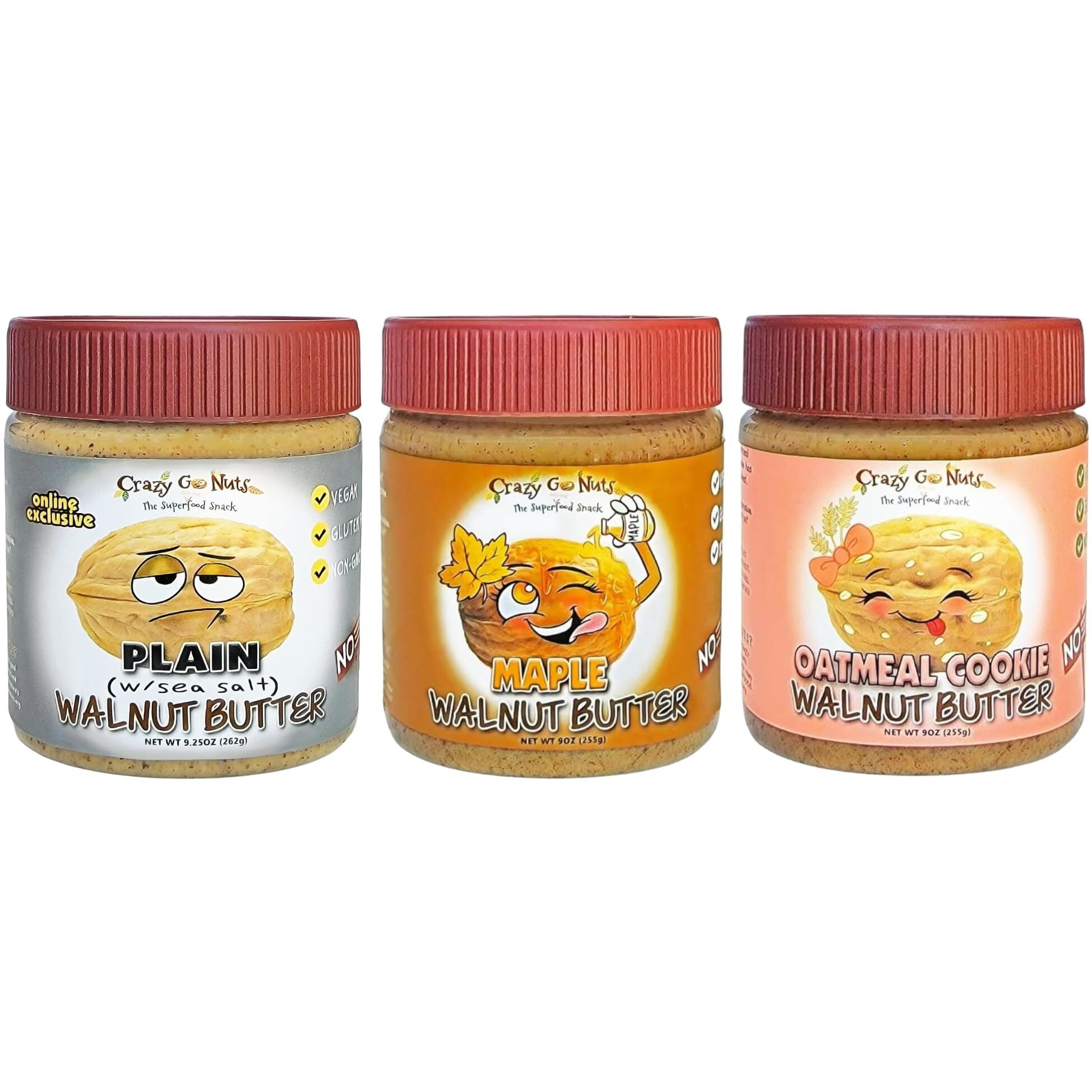 Crazy Go Nuts Walnut Butter Variety Pack - Plain W/Seal Salt, Maple, Oatmeal Cookie - Healthy Snacks, Keto, Vegan, Low Carb, Gluten Free, Superfood - Natural, Non-Gmo, Omega 3 Fatty Acids (3-Pack)