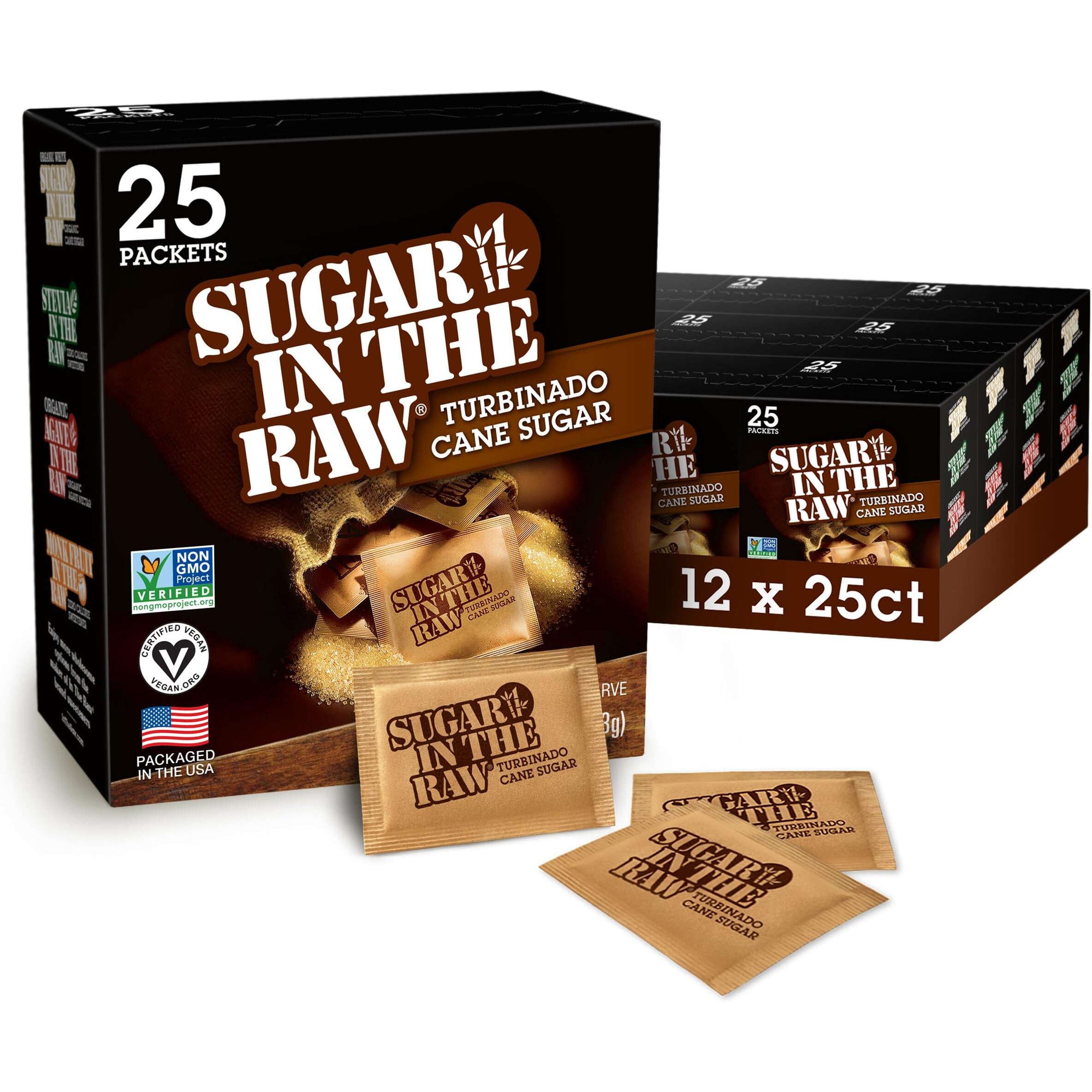 Sugar In The Raw Turbinado Cane Sugar Packets, 25 Ct Box, 12 Pack, Pure, All-Natural Turbinado Sugar, Non-Gmo Project Verified, Kosher, Vegan And Gluten Free