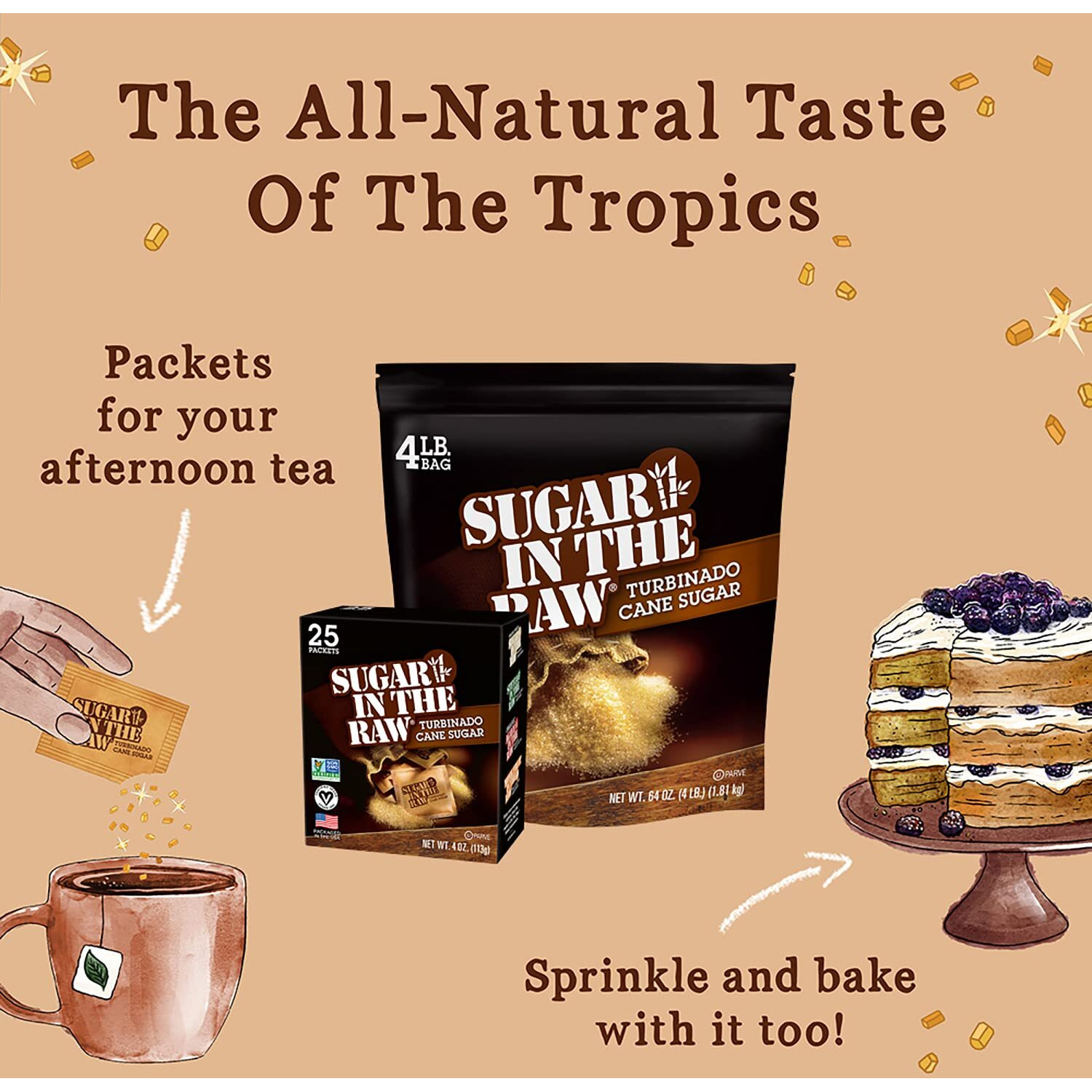 Sugar In The Raw Turbinado Cane Sugar Packets, 25 Ct Box, 12 Pack, Pure, All-Natural Turbinado Sugar, Non-Gmo Project Verified, Kosher, Vegan And Gluten Free