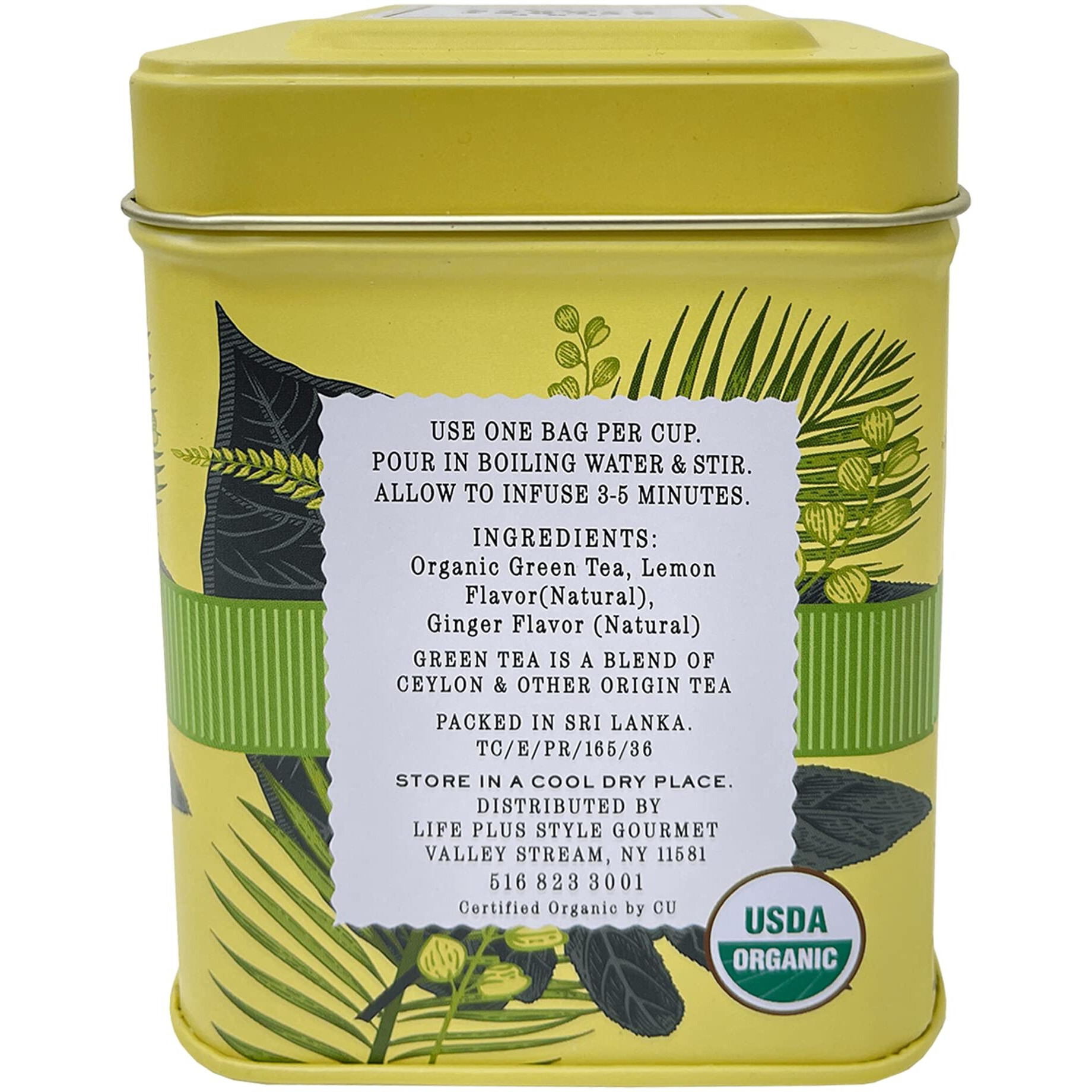 Organic Lemon Ginger Ceylon Green Tea - 50 Packets - Natural Antioxidant Rich Herbal Leaf Teabags - Usda Certified 100% Non-Gmo - Caffeinated Premium Designer Tin