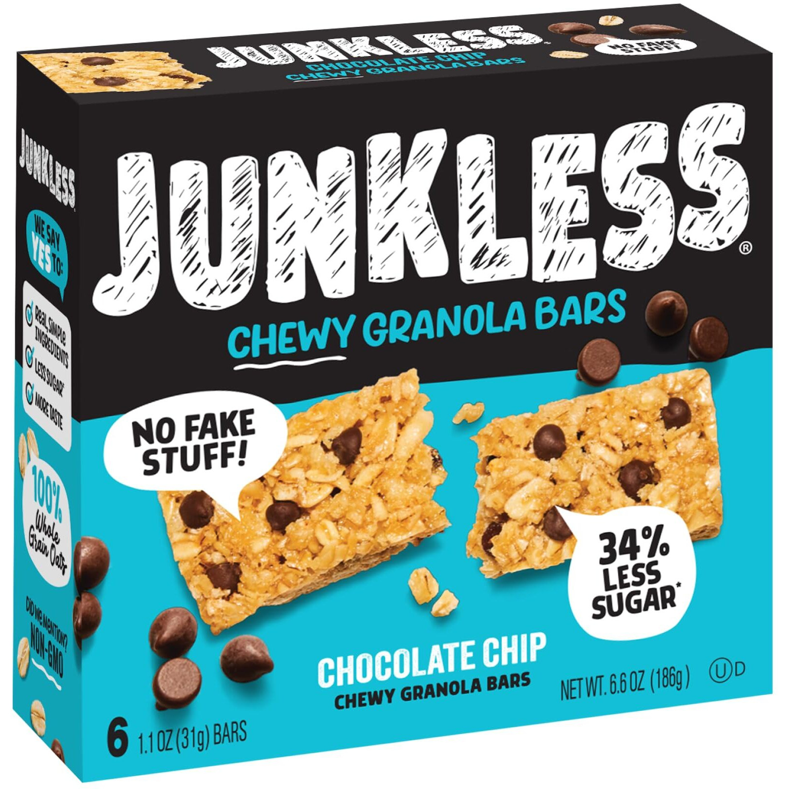 Junkless Chocolate Chip Chewy Granola Bars - Less Sugar, Great Tasting, Wholesome Snacks - 1.1 Oz. Bars, 1 Box