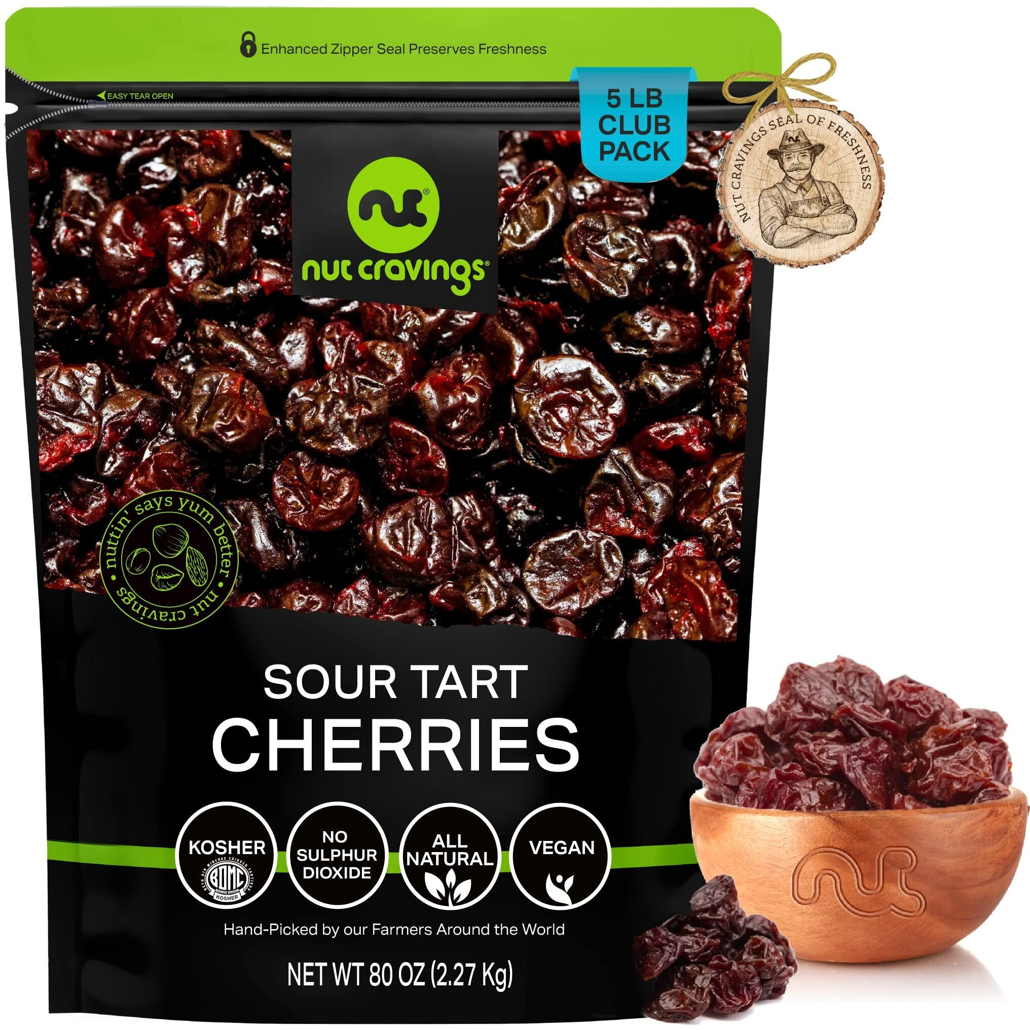 Nut Cravings Dry Fruits - Sun Dried Sour Tart Cherries, Lightly Sweetened (80Oz - 5 Lb) Packed Fresh In Resealable Bag - Sweet Snack, Healthy Food, All Natural, Vegan, Kosher Certified