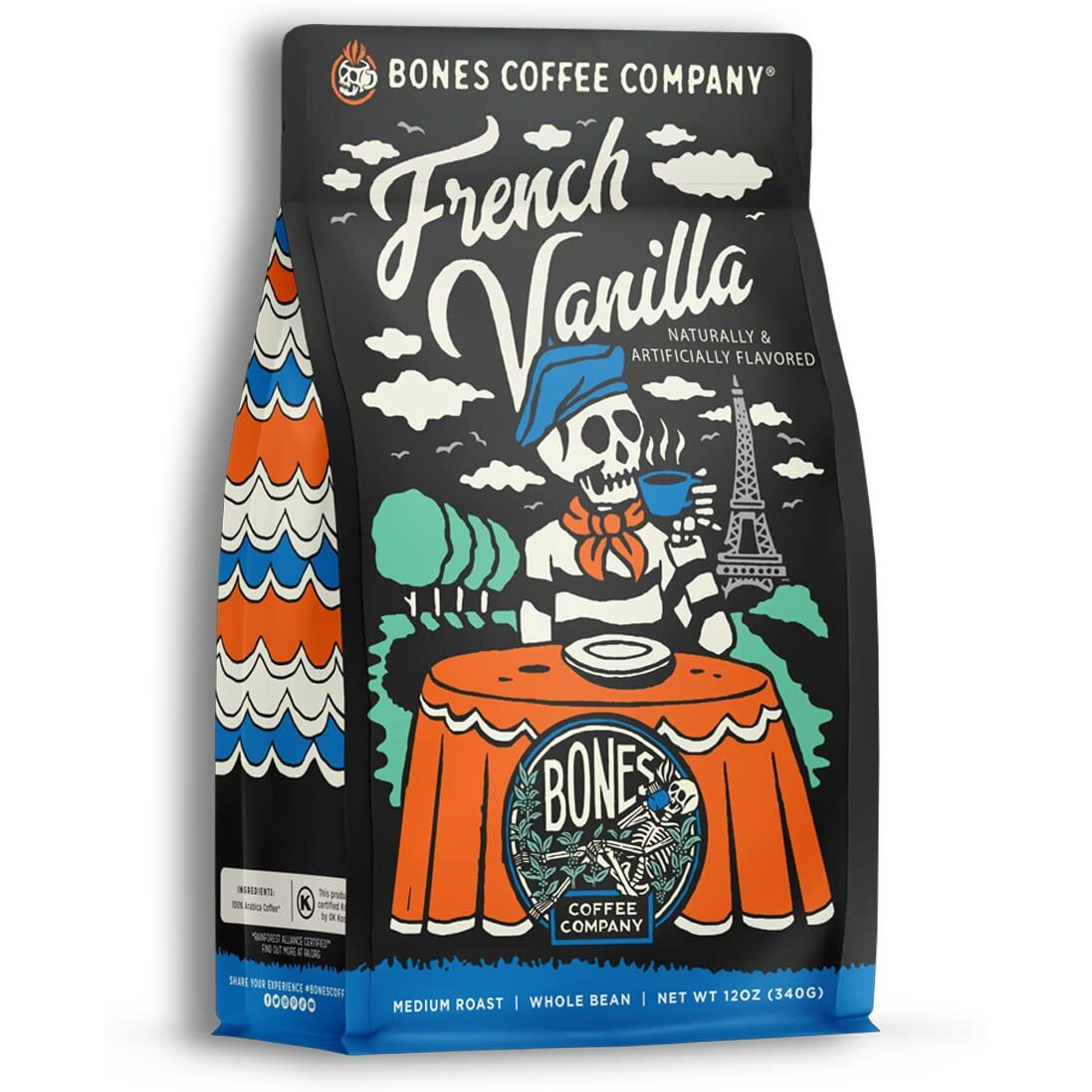 Bones Coffee Company French Vanilla Coffee Whole Coffee Beans, Low Acid Flavored Coffee, Made With Arabica Coffee Beans, Medium Roast Gourmet Coffee, Coffee Lover Gift Ideas (12 Oz)
