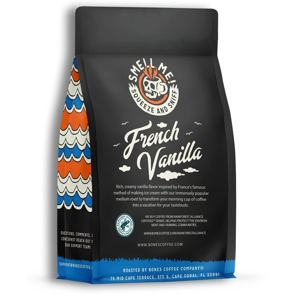 Bones Coffee Company French Vanilla Coffee Whole Coffee Beans, Low Acid Flavored Coffee, Made With Arabica Coffee Beans, Medium Roast Gourmet Coffee, Coffee Lover Gift Ideas (12 Oz)