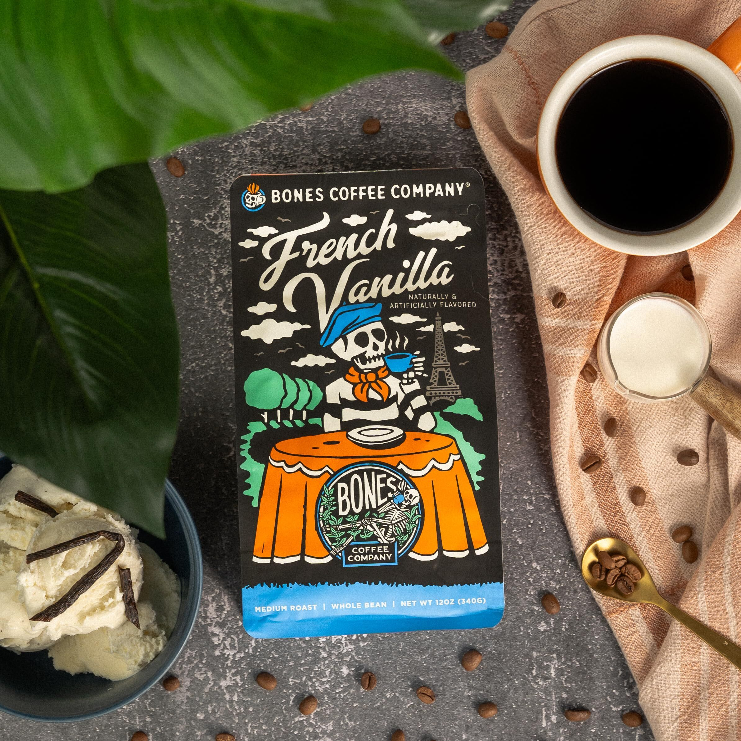 Bones Coffee Company French Vanilla Coffee Whole Coffee Beans, Low Acid Flavored Coffee, Made With Arabica Coffee Beans, Medium Roast Gourmet Coffee, Coffee Lover Gift Ideas (12 Oz)