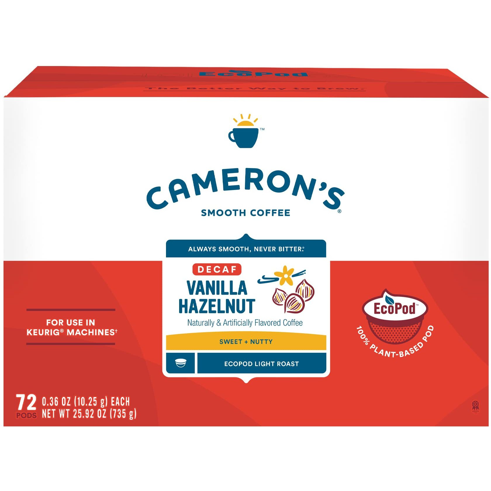 Cameron's Coffee Single Serve Pods, Flavored,Decaf Vanilla Hazelnut Flavored, 72 Count (Pack Of 1)