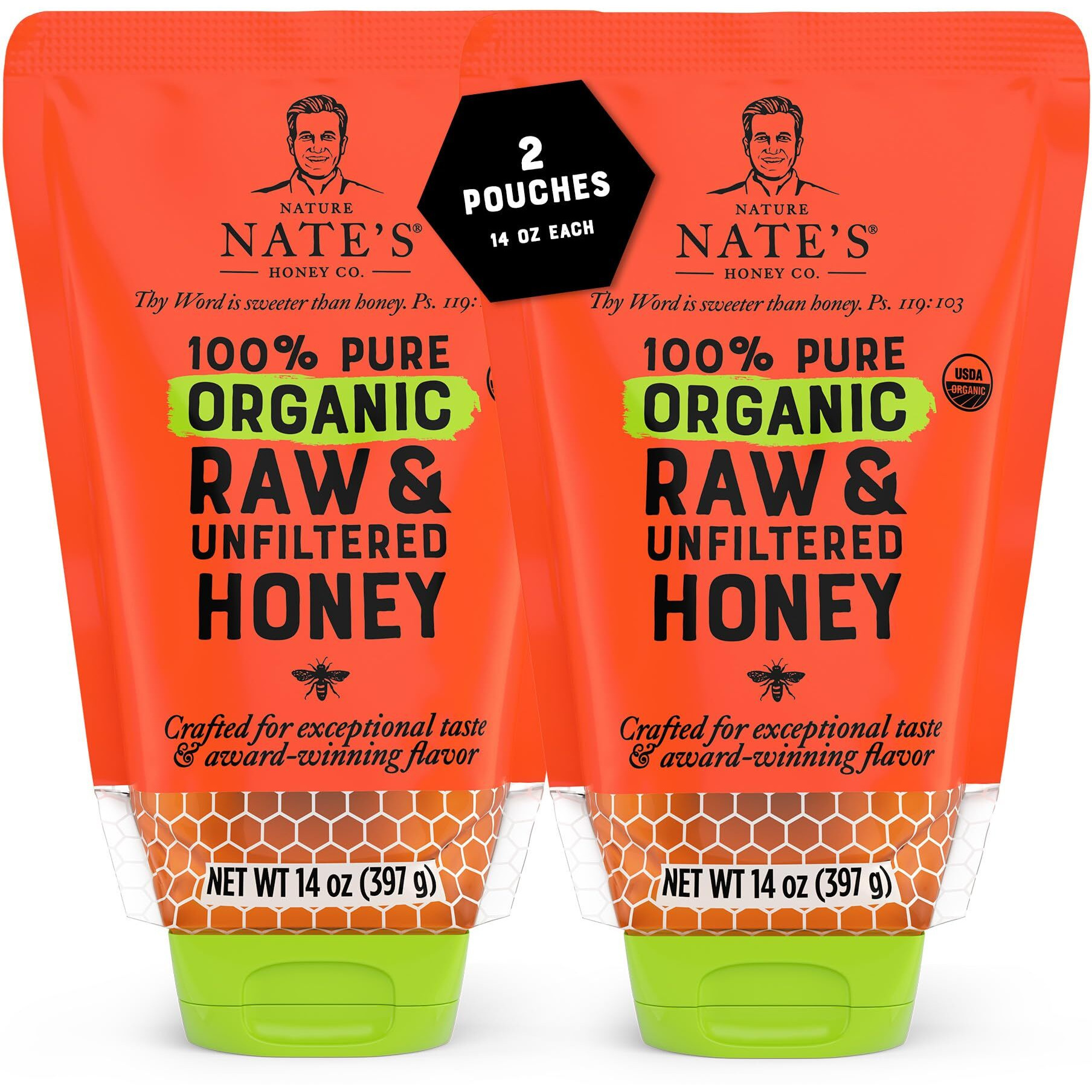 Nature Nate's 100% Pure Usda Organic Raw & Unfiltered Honey, Two 14 Oz. No-Drip Sustainable Squeeze Pouches Purity Guarantee, No Additives