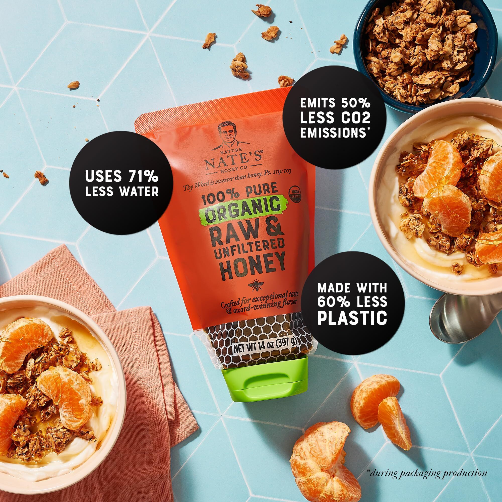 Nature Nate's 100% Pure Usda Organic Raw & Unfiltered Honey, Two 14 Oz. No-Drip Sustainable Squeeze Pouches Purity Guarantee, No Additives