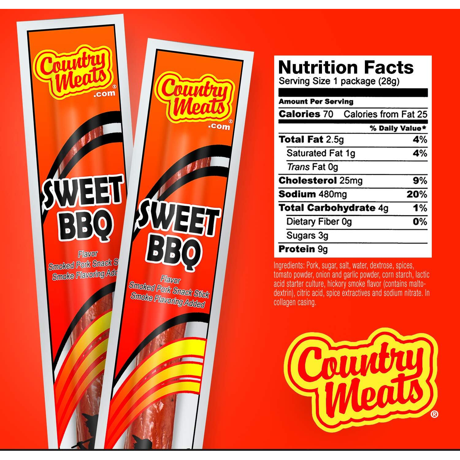 Country Meats, Meat Sticks, 0 Trans Fat, Usda Certified, Good Source Of Protein, Carb Conscious Snack (10 Meat Sticks, Sweet Bbq)