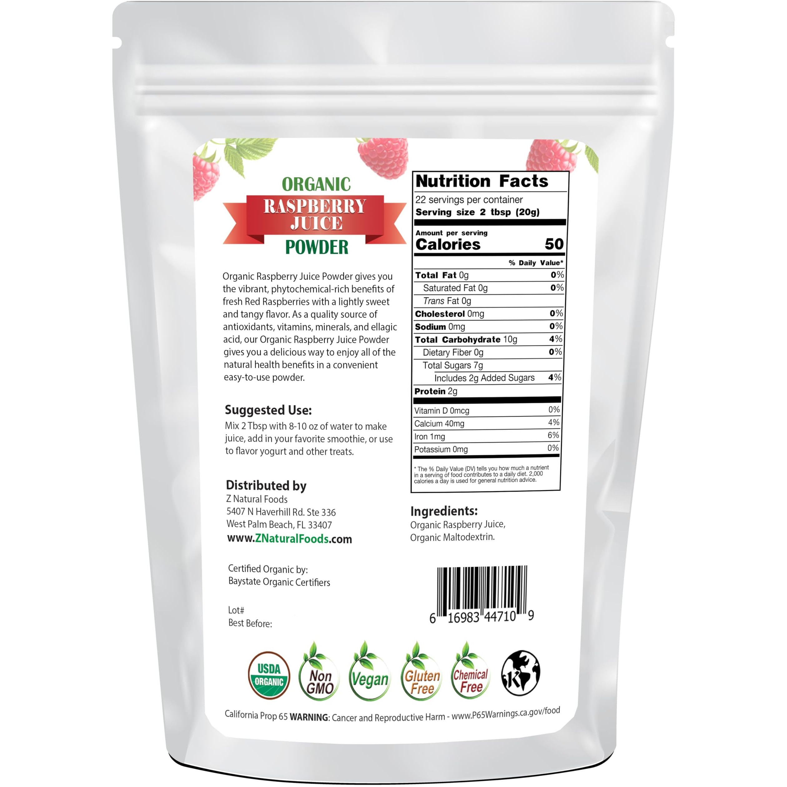 Organic Red Raspberry Juice Powder - Superfood Berry Supplement - Mix In Drinks, Shakes, Smoothies, Cakes, Cooking & Baking Recipes - Non Gmo, Gluten Free, Vegan, Kosher - 1 Lb