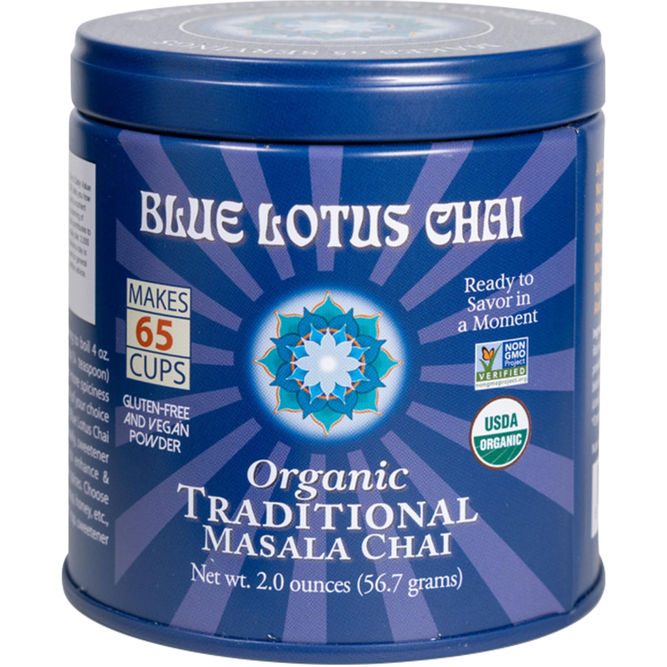 Blue Lotus Chai Tea - Fully Organic Traditional Masala Chai - Makes 65 Cups - 2 Ounce Masala Spiced Chai Powder With Organic Spices - Instant Indian Tea No Steeping - No Gluten
