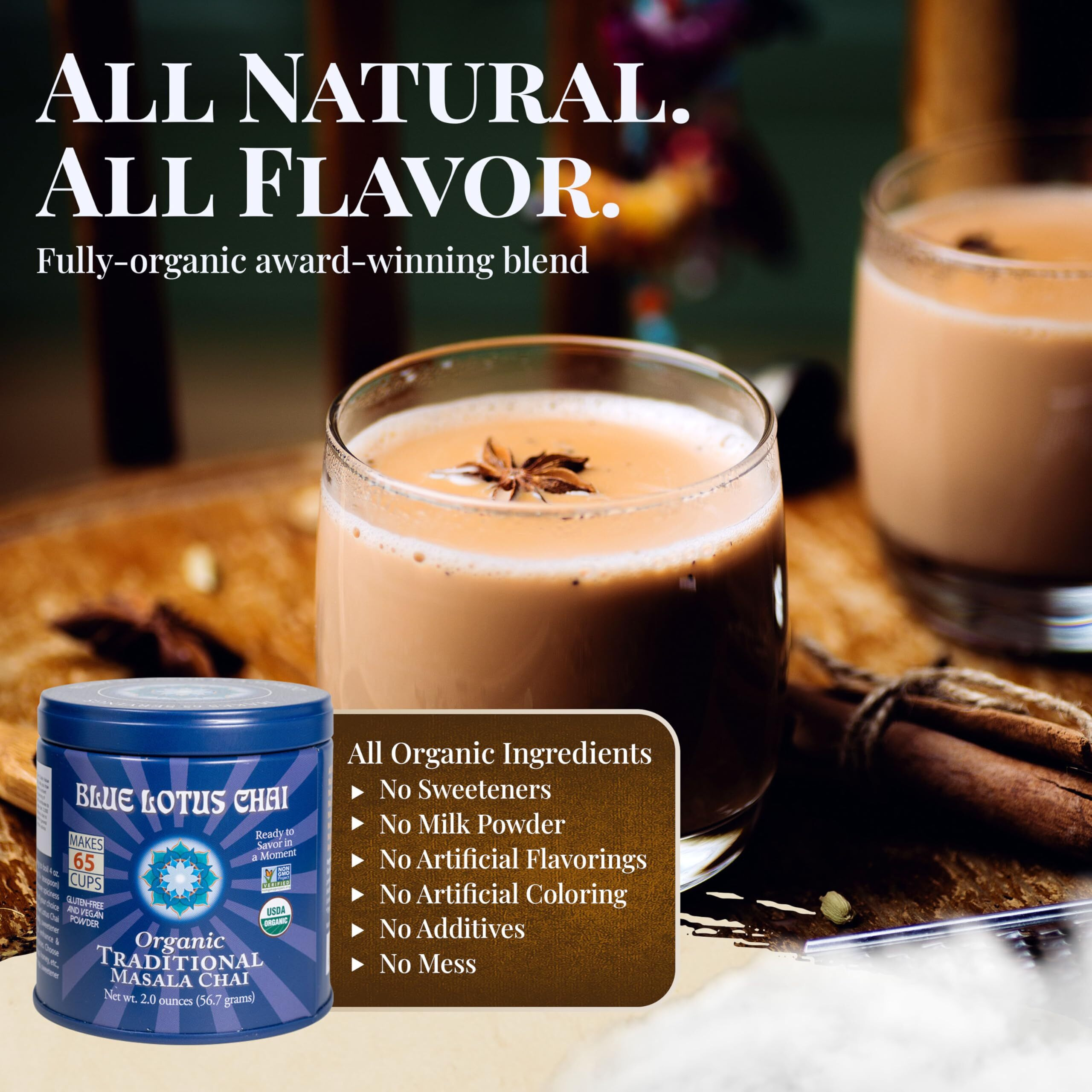 Blue Lotus Chai Tea - Fully Organic Traditional Masala Chai - Makes 65 Cups - 2 Ounce Masala Spiced Chai Powder With Organic Spices - Instant Indian Tea No Steeping - No Gluten