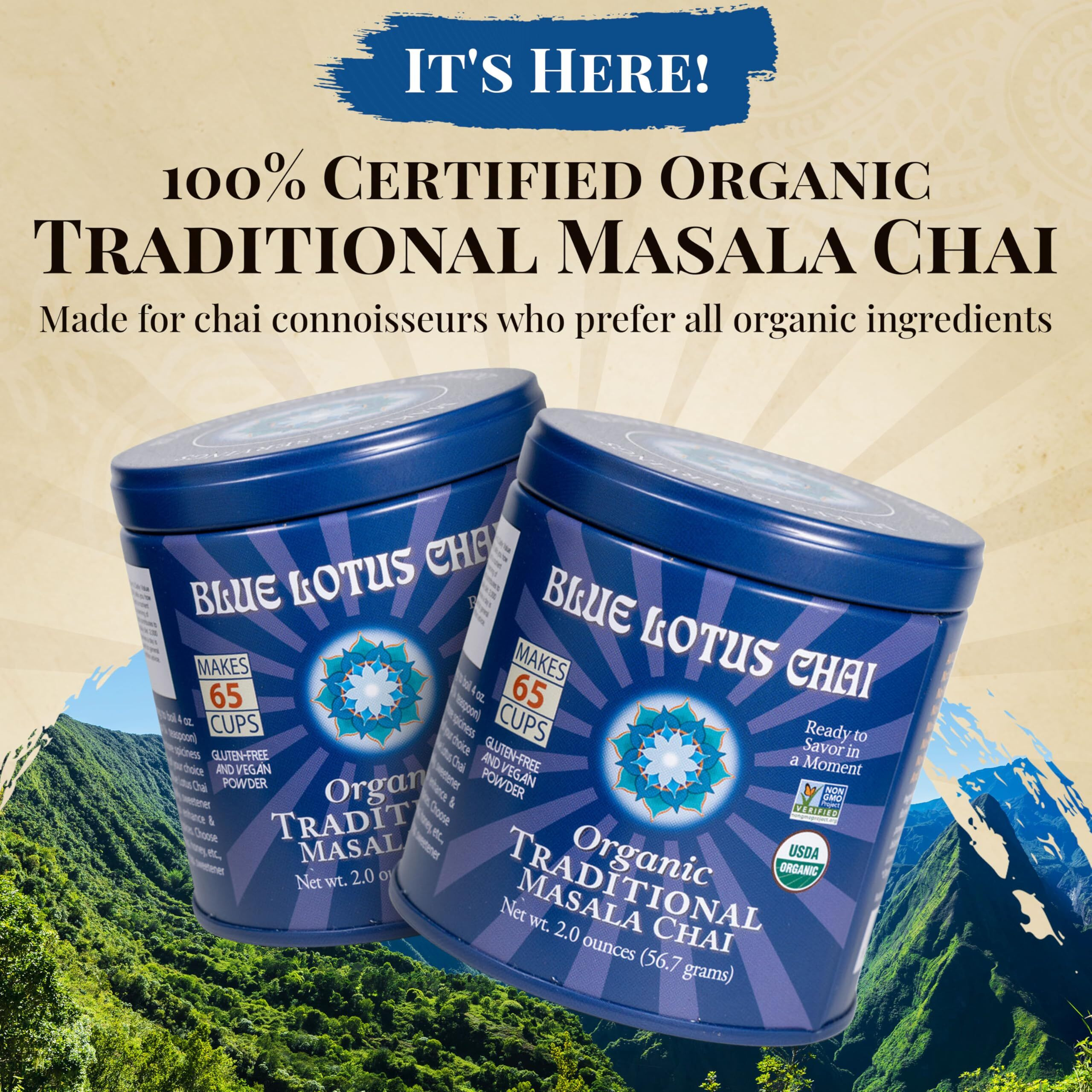 Blue Lotus Chai Tea - Fully Organic Traditional Masala Chai - Makes 65 Cups - 2 Ounce Masala Spiced Chai Powder With Organic Spices - Instant Indian Tea No Steeping - No Gluten