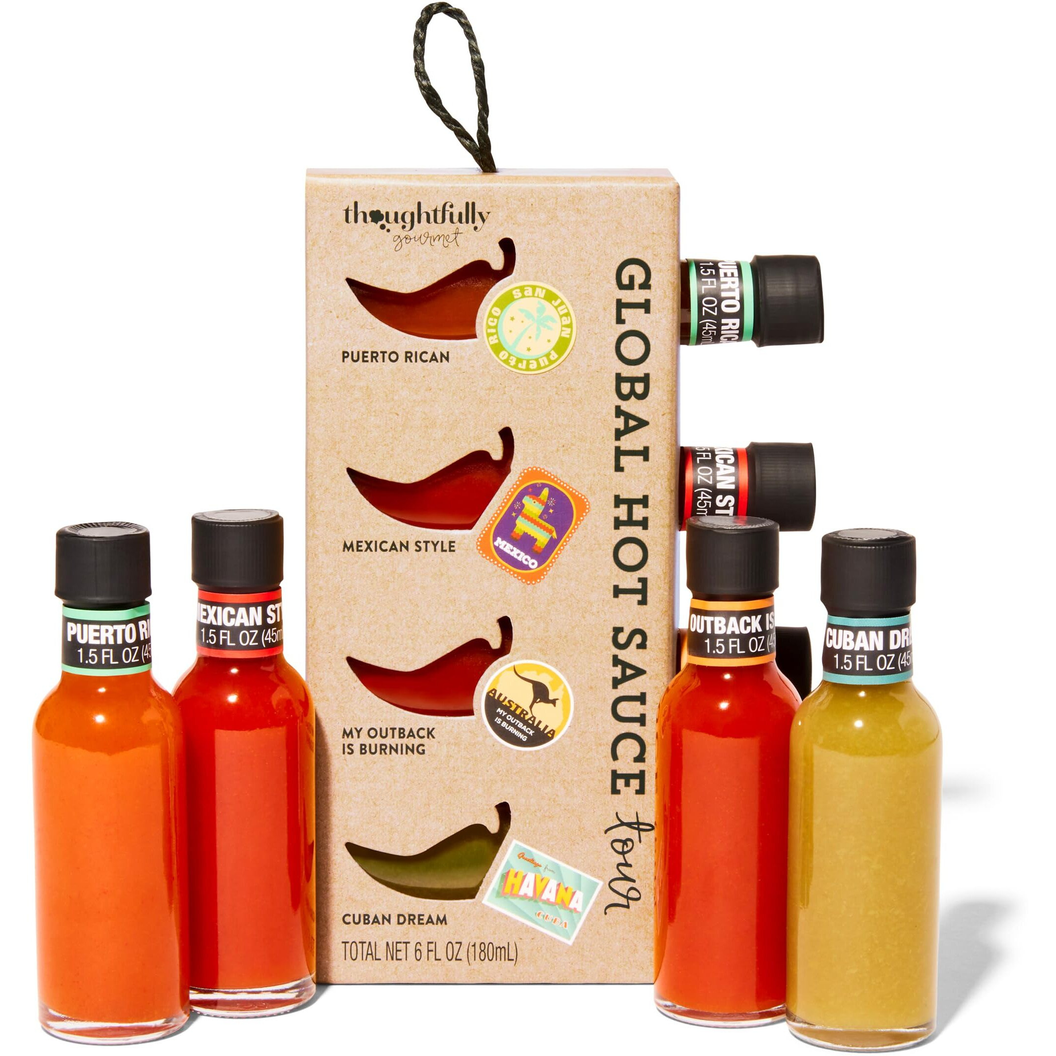 Thoughtfully Gourmet, Global Hot Sauce Gift Set, Internationally Inspired Flavors Include Puerto Rican Mango Habanero, Mexican Style Hot Sauce & More, Set Of 4