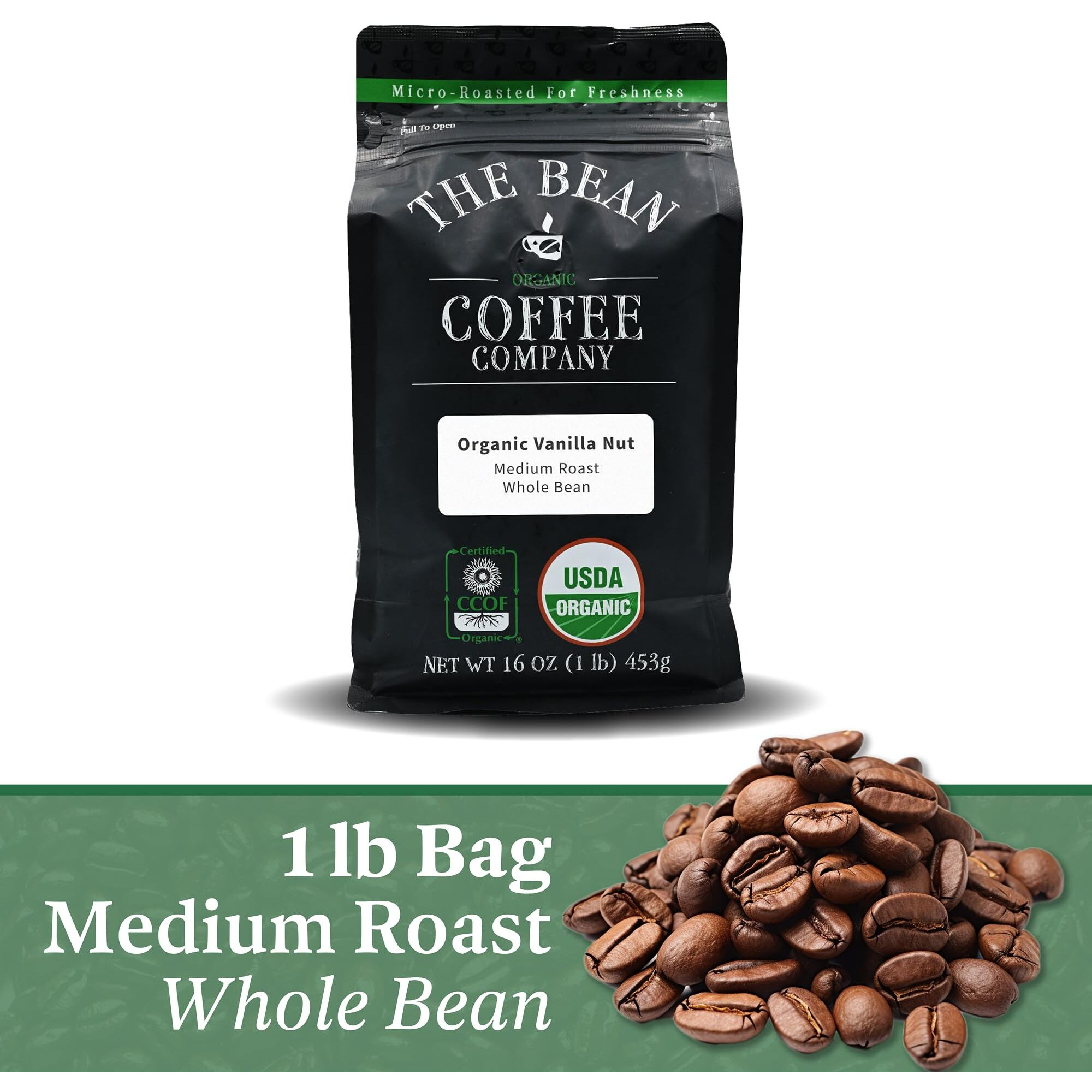 The Bean Organic Coffee Company Vanilla Nut, Medium Roast, Whole Bean Coffee, 16-Ounce Bag