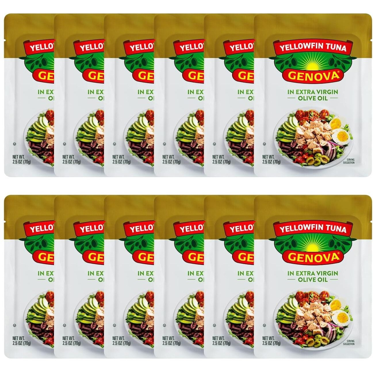 Genova Premium Yellowfin Tuna In Extra Virgin Olive Oil, 2.5 Ounce Packets (Pack Of 12), Wild Caught Tuna