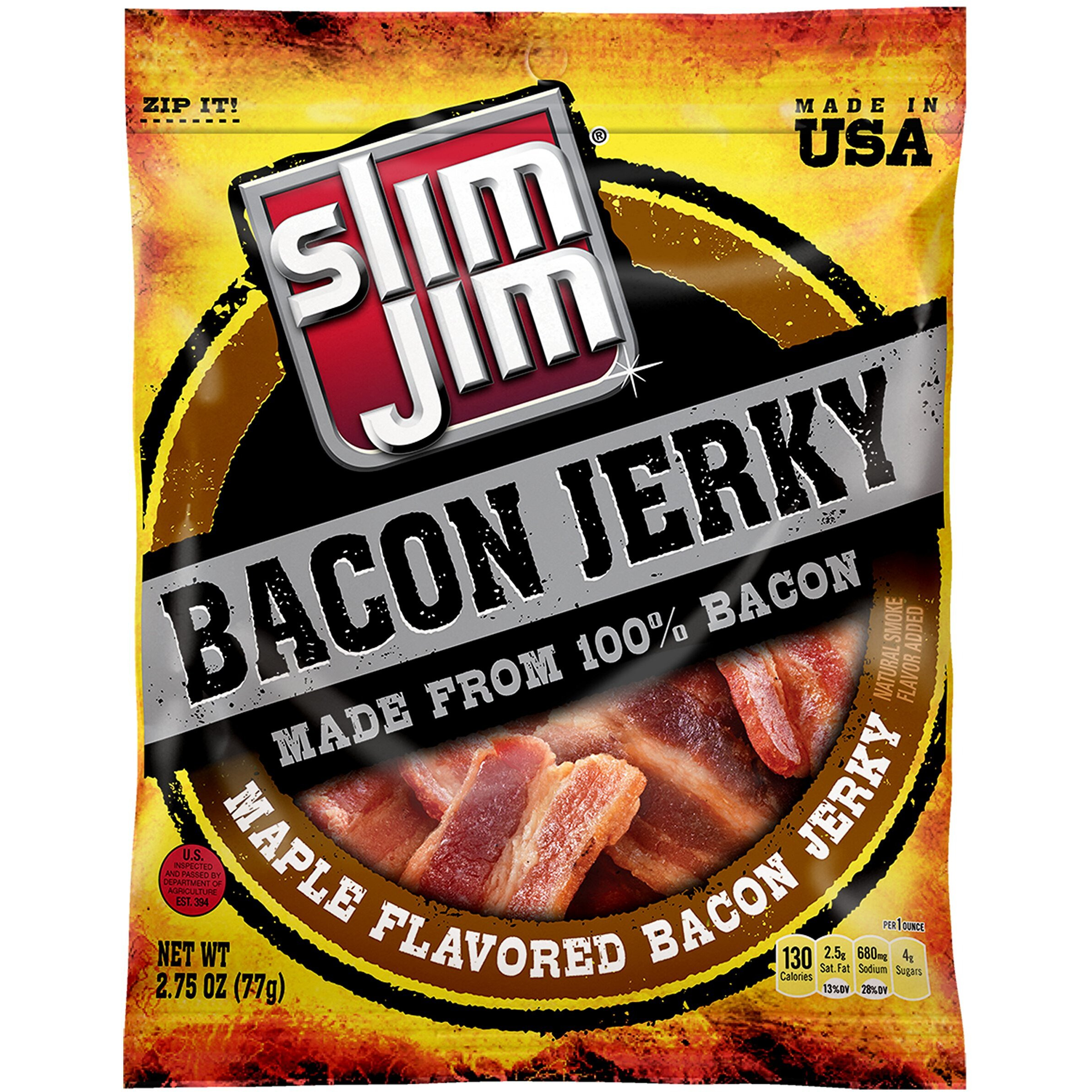 Slim Jim Bacon Jerky, Maple, 2.75 Ounce, Pack Of 8
