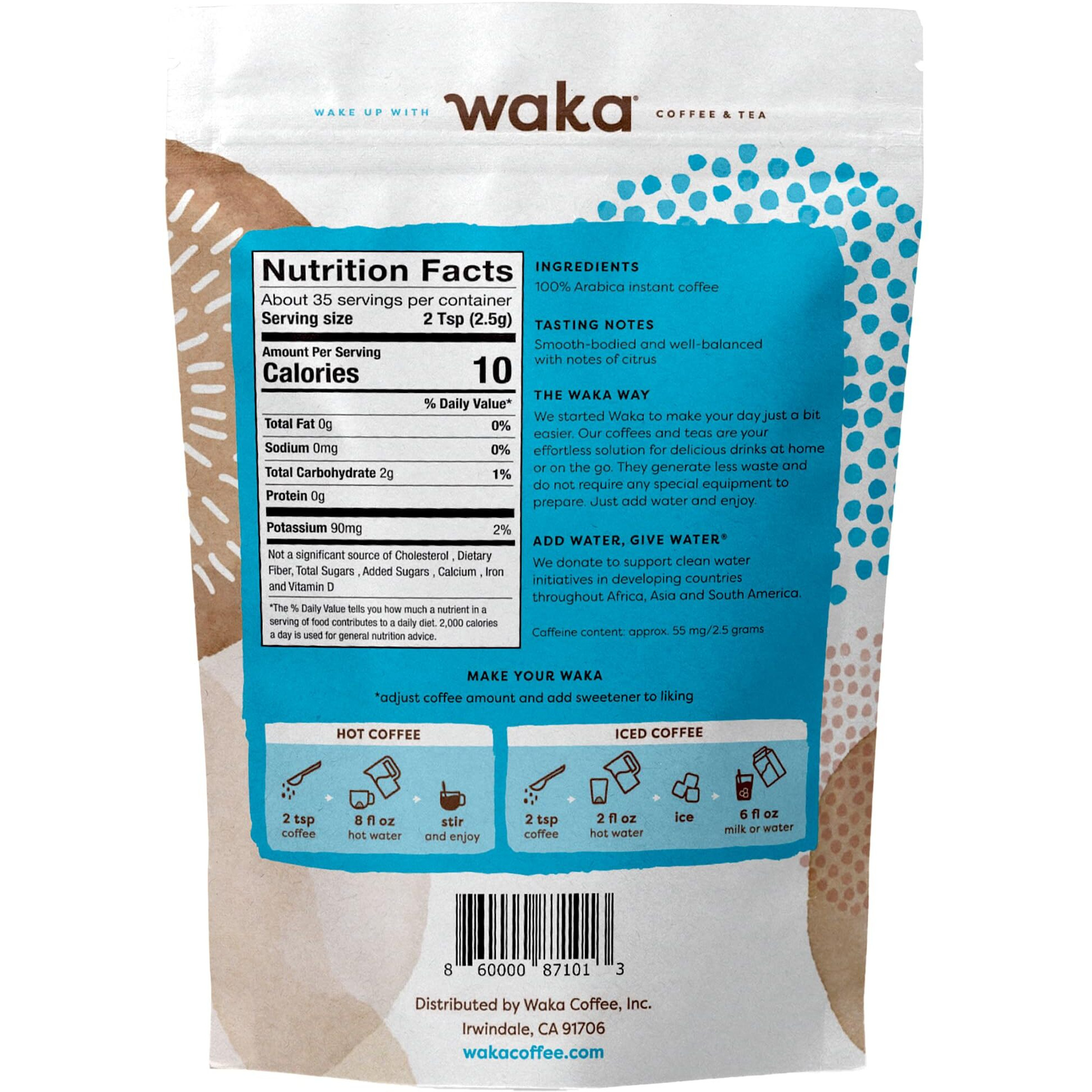 Waka Instant Coffee, Medium Roast - 100% Arabica Colombian Beans, Freeze Dried Granules, No Sugar Or Additives - Bulk Bag For Quick Hot And Iced Coffees, Up To 35 Cups (3.5Oz)