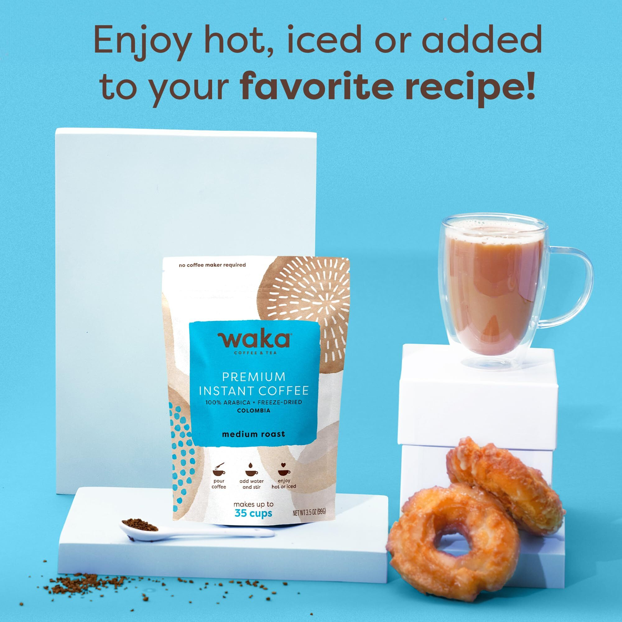 Waka Instant Coffee, Medium Roast - 100% Arabica Colombian Beans, Freeze Dried Granules, No Sugar Or Additives - Bulk Bag For Quick Hot And Iced Coffees, Up To 35 Cups (3.5Oz)