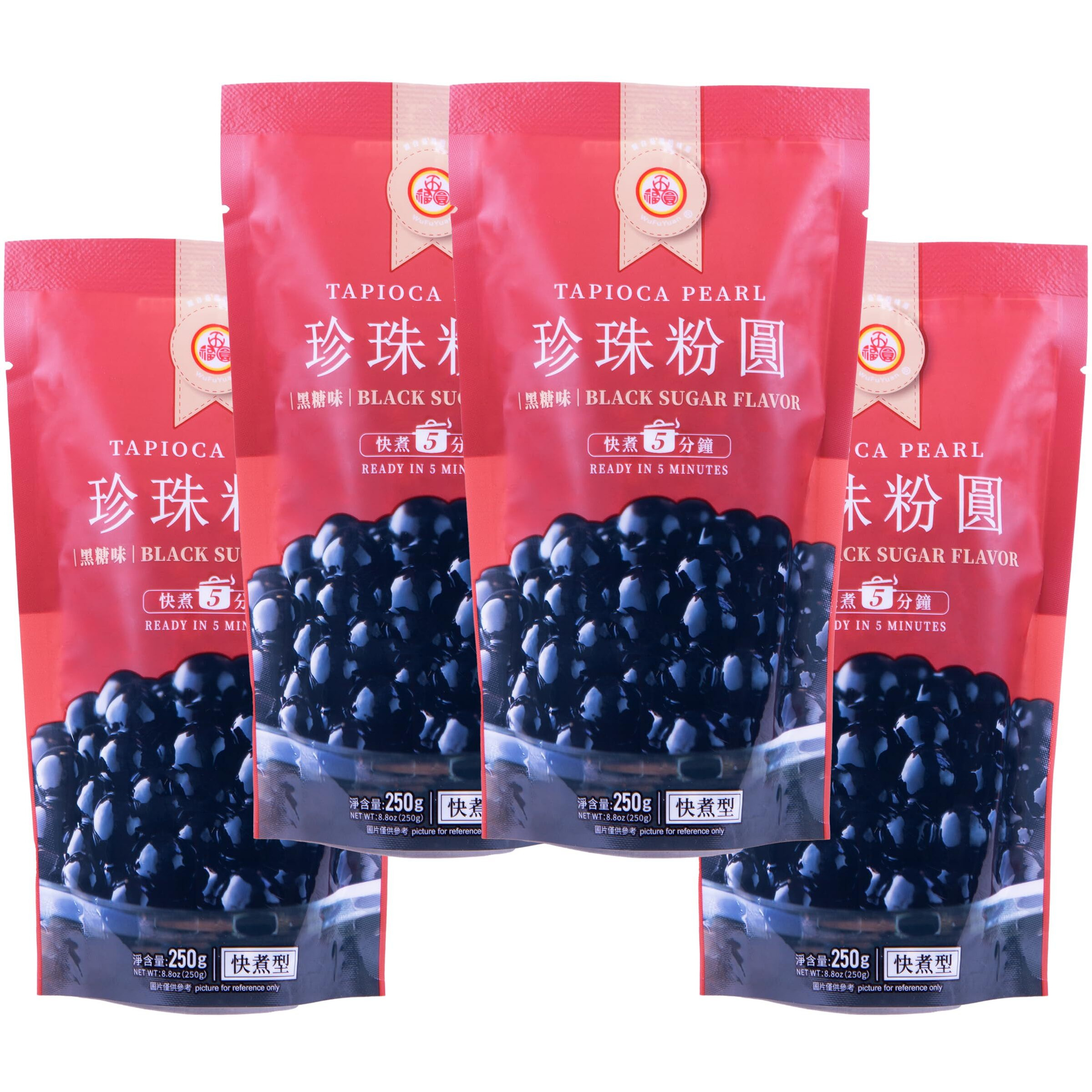 Wufuyuan Boba Tapioca Pearl, Black Sugar Flavor, Ready In 5 Minutes, 8.8 Oz. (4 Packs)