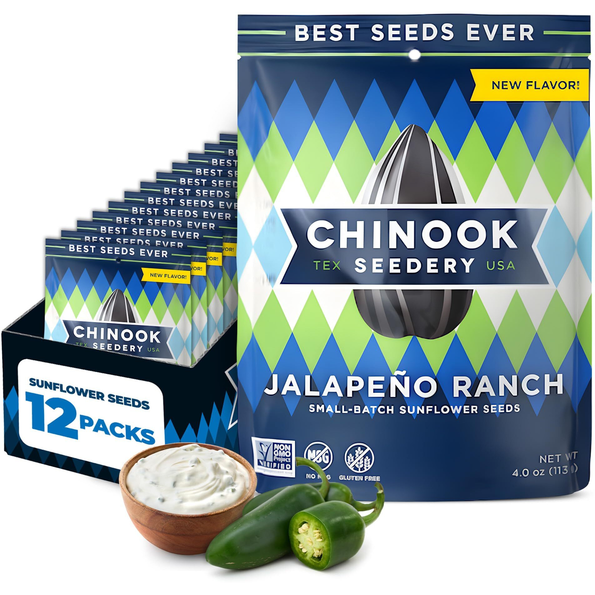 Chinook Seedery Roasted Jumbo Sunflower Seeds - Keto Snacks, Gluten-Free, Non-Gmo, Jalapeno Ranch 4 Oz (12-Pack)