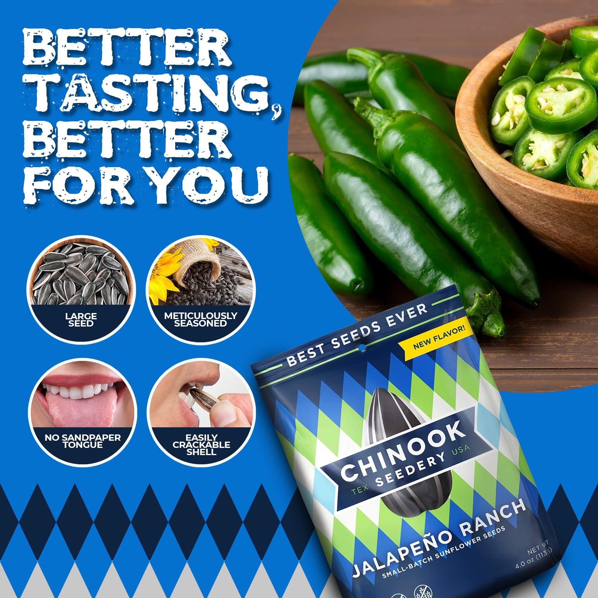 Chinook Seedery Roasted Jumbo Sunflower Seeds - Keto Snacks, Gluten-Free, Non-Gmo, Jalapeno Ranch 4 Oz (12-Pack)