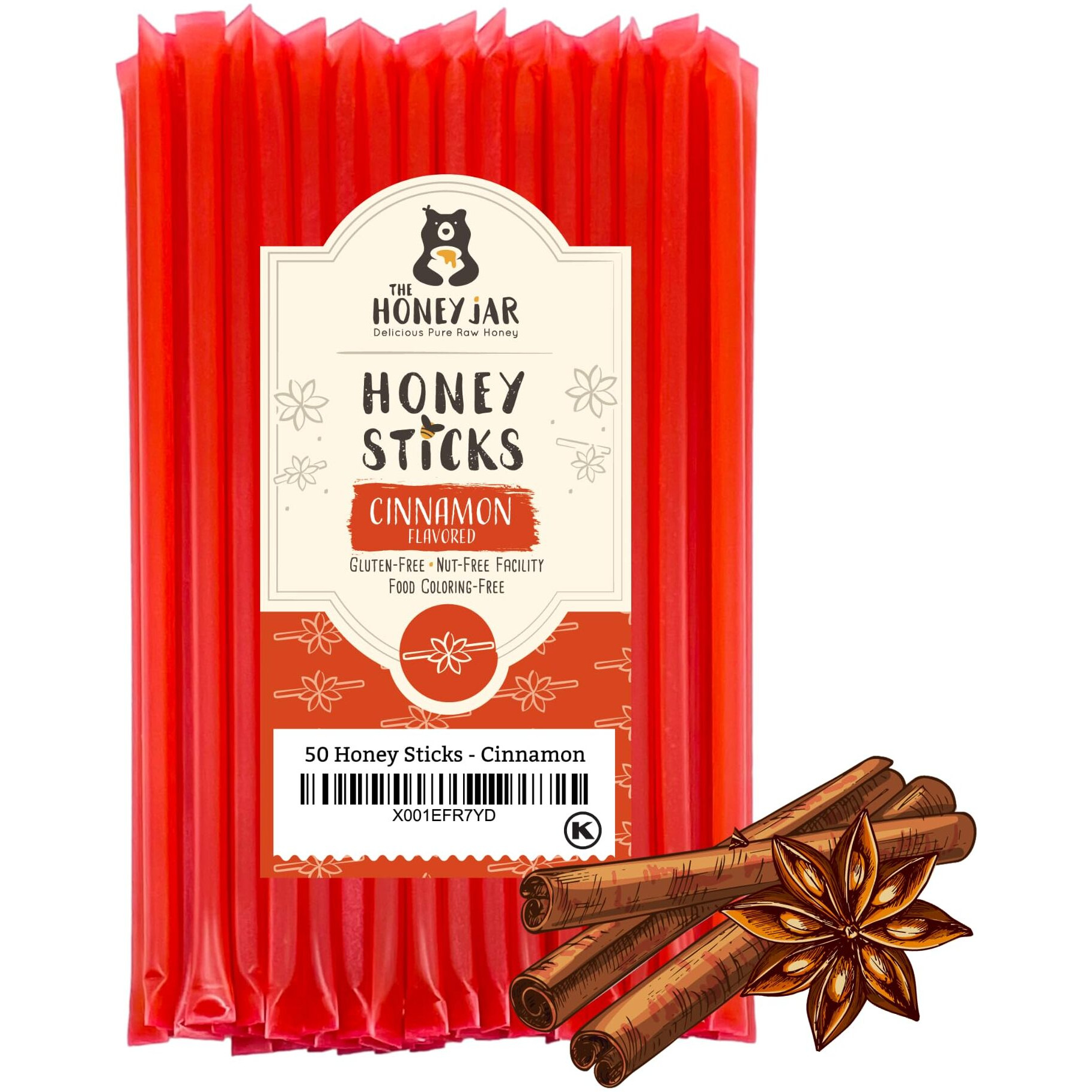 The Honey Jar Cinnamon Flavored Honey Sticks - Pure Honey Straws For Tea, Coffee, Or A Healthy Treat - One Teaspoon Of Flavored Honey Per Stick - Made In The Usa With Real Honey - (50 Count)