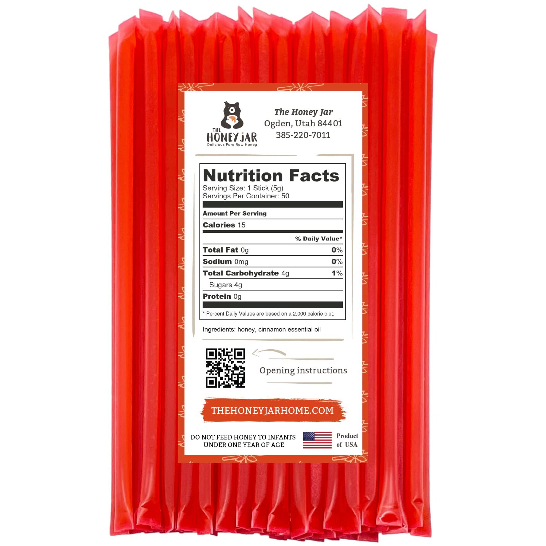 The Honey Jar Cinnamon Flavored Honey Sticks - Pure Honey Straws For Tea, Coffee, Or A Healthy Treat - One Teaspoon Of Flavored Honey Per Stick - Made In The Usa With Real Honey - (50 Count)