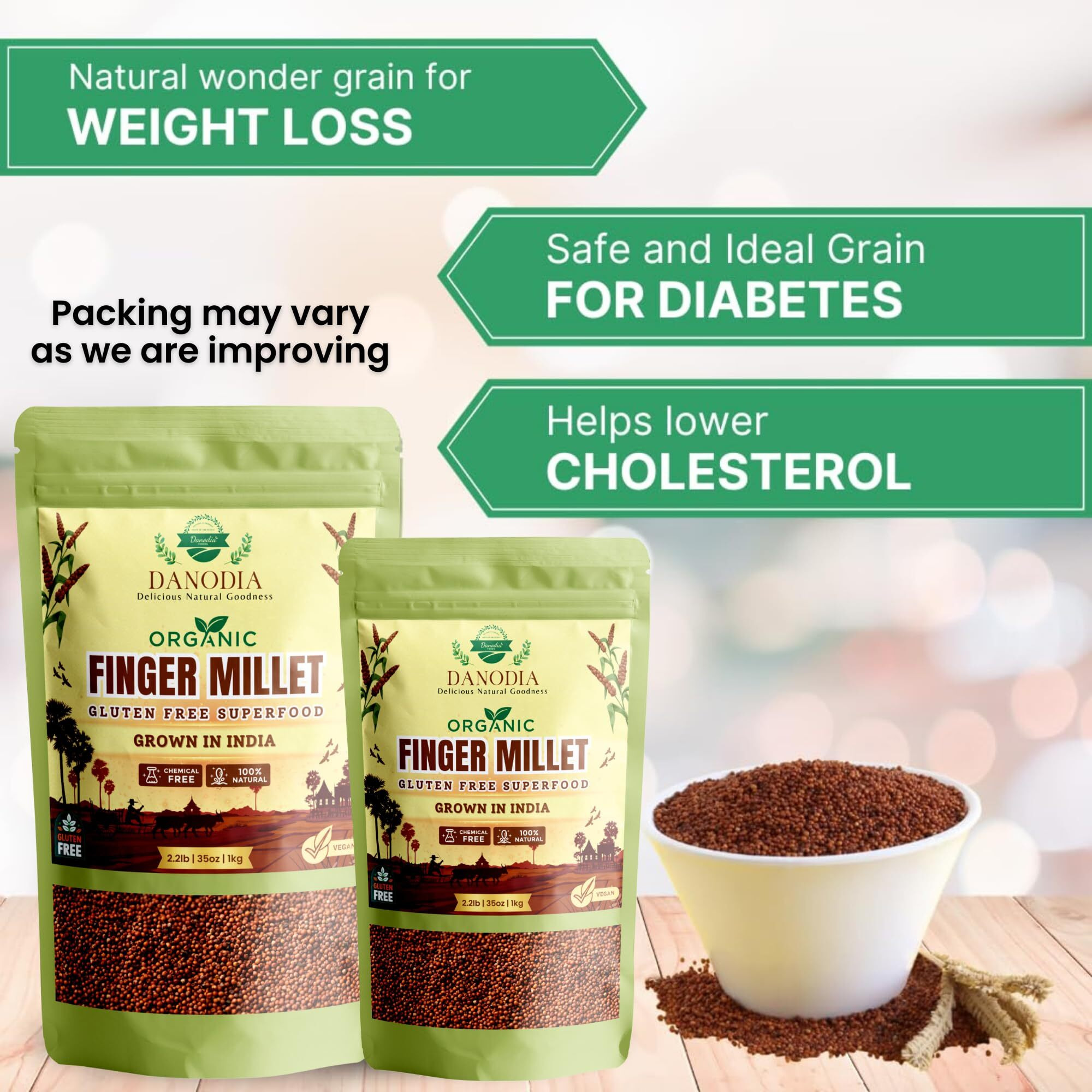 Danodia Foods Indian Finger Millet/Ragi (2Lbs | 950G | 33Oz) | Gluten-Free Unpolished Red Millet, Hulled, Whole Grain Superfood (Scan Qr For New Recipes)