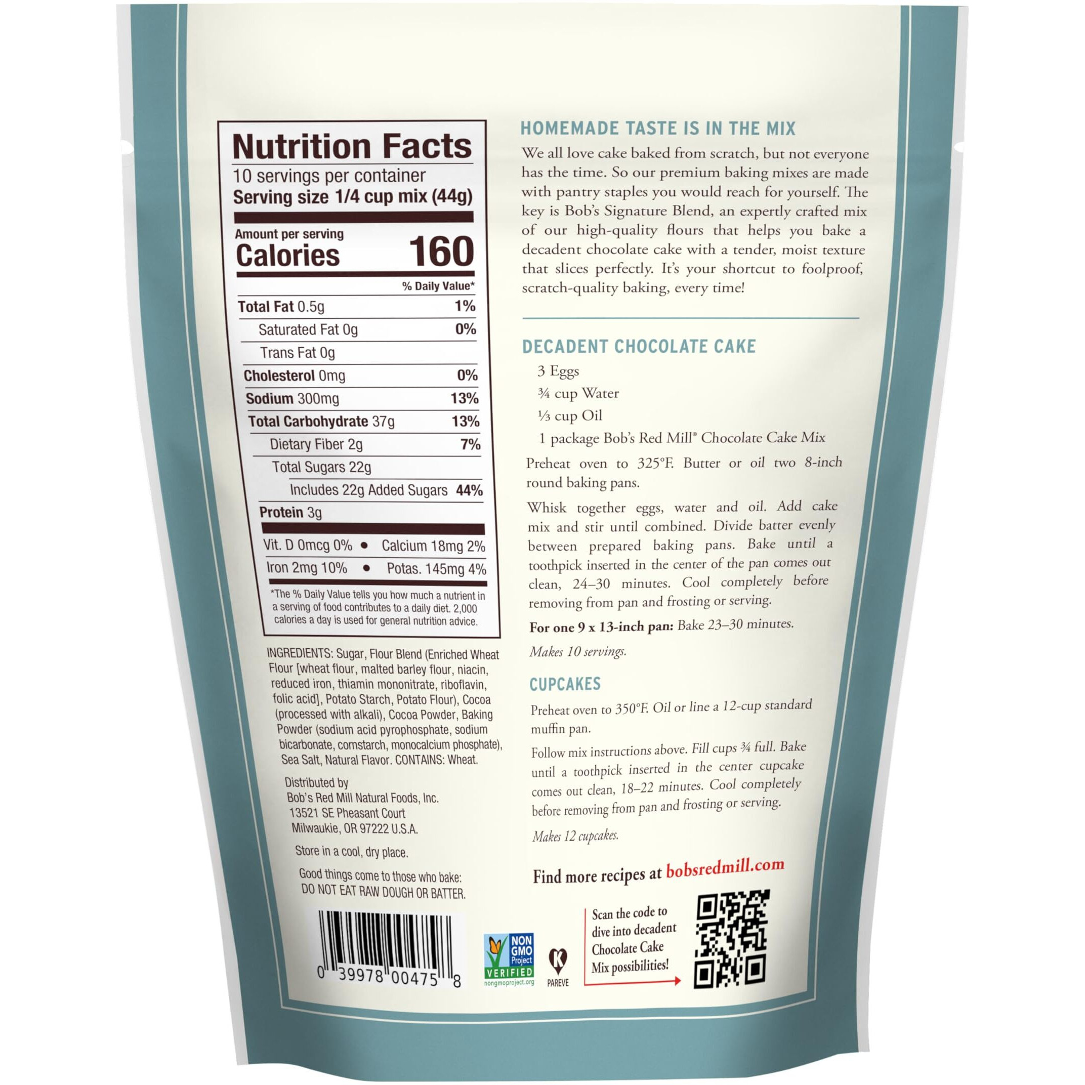 Bob's Red Mill Signature Decadent Chocolate Cake Mix - 15.5 Oz Bag (Pack Of 4), Simple Clean Ingredients, Homemade Taste, Non-Gmo