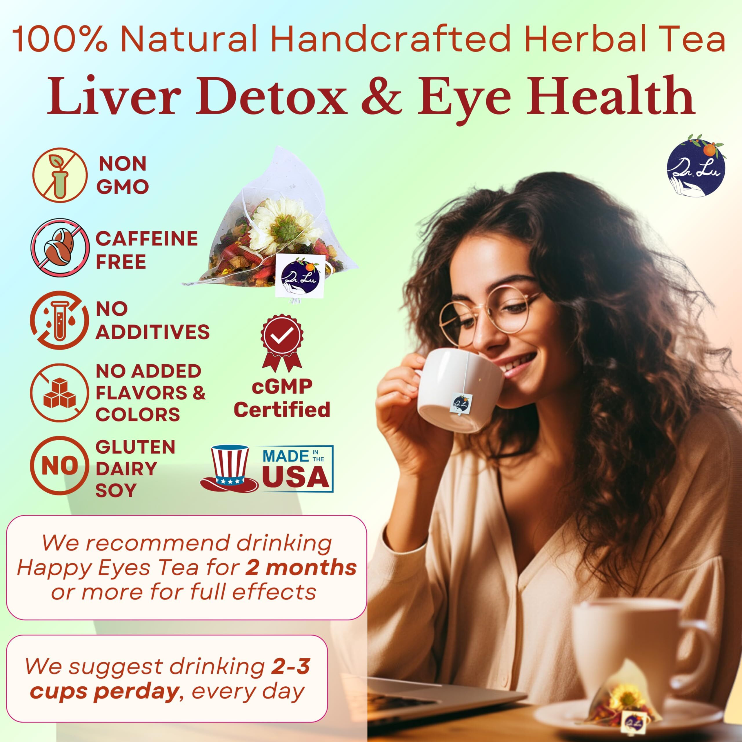 2 Pack Of Dr. Lus Happy Eyes Tea | Eyebright Tea For Liver Cleanse | Liver Detox Tea For Eye Health | 8-Flavor Chinese Herbal Tea Made In Us | Chrysanthemum Tea With Cassia Seed, Goji Berries...