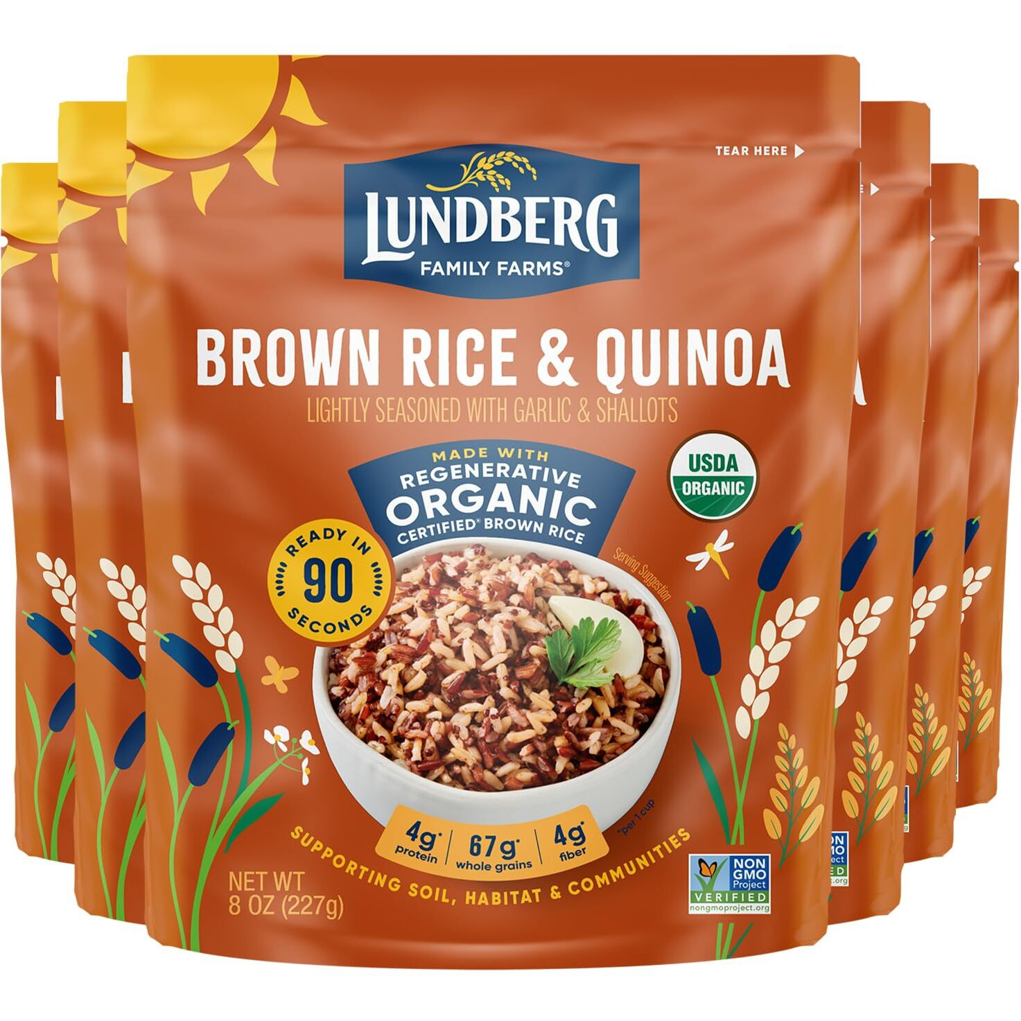 Lundberg Brown Rice & Quinoa, Ready In 90 Seconds, 6-Pack - Regenerative Organic Certified Brown Jasmine Rice, Organic Quinoa, Microwavable, Lightly Seasoned With Garlic & Shallots, 8 Oz Ea
