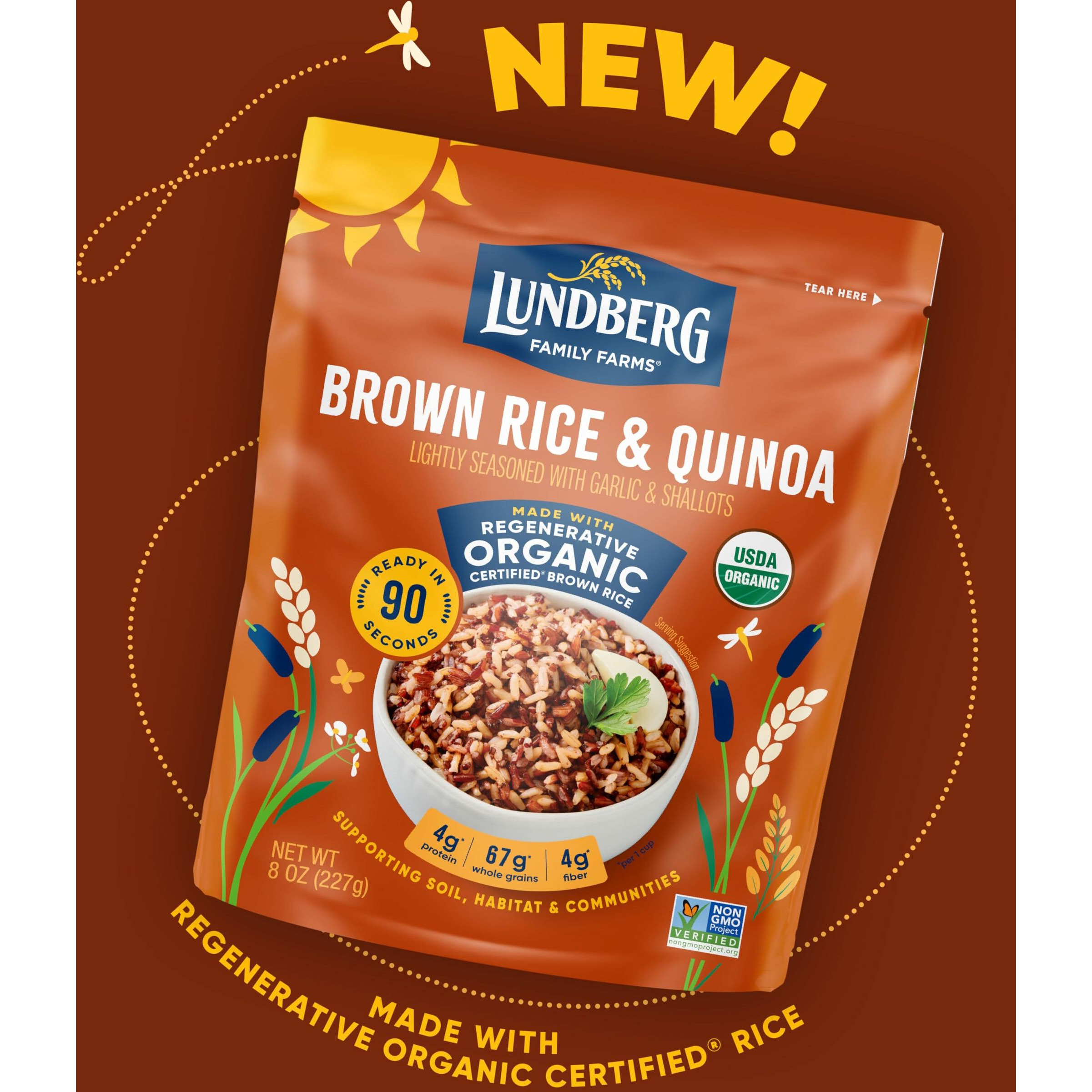 Lundberg Brown Rice & Quinoa, Ready In 90 Seconds, 6-Pack - Regenerative Organic Certified Brown Jasmine Rice, Organic Quinoa, Microwavable, Lightly Seasoned With Garlic & Shallots, 8 Oz Ea