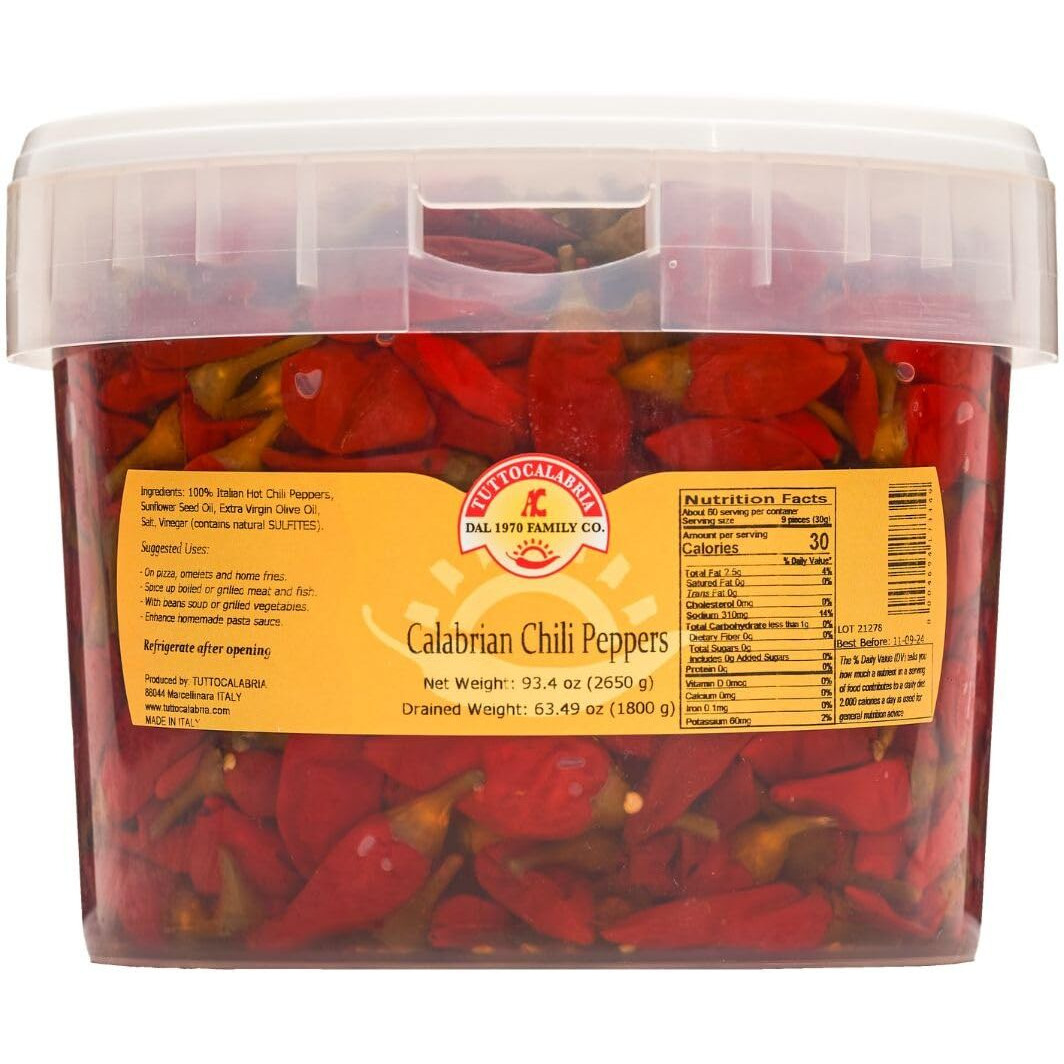 Calabrian Chili Peppers, Whole, In Oil, Bulk Foodservice Tub, 98 Oz, All Natural, Non-Gmo, Product Of Italy