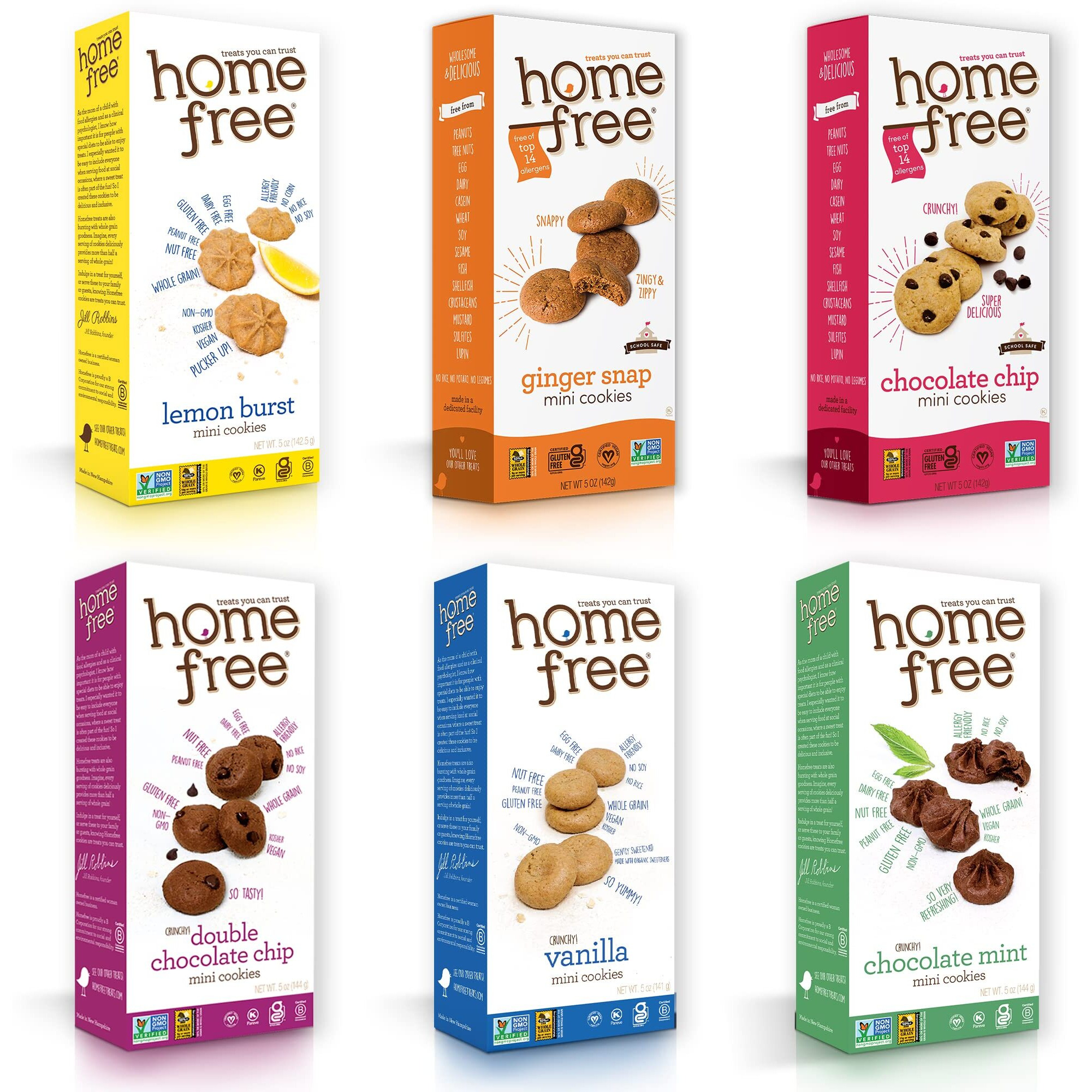 Homefree Treats - Vegan Cookies Variety Pack - Allergy Safe School Snacks - Peanut Free, Gluten Free, Egg Free, Dairy Free - Yummy Crunchy Cookie Assortment, Kosher Pareve (6 Count)