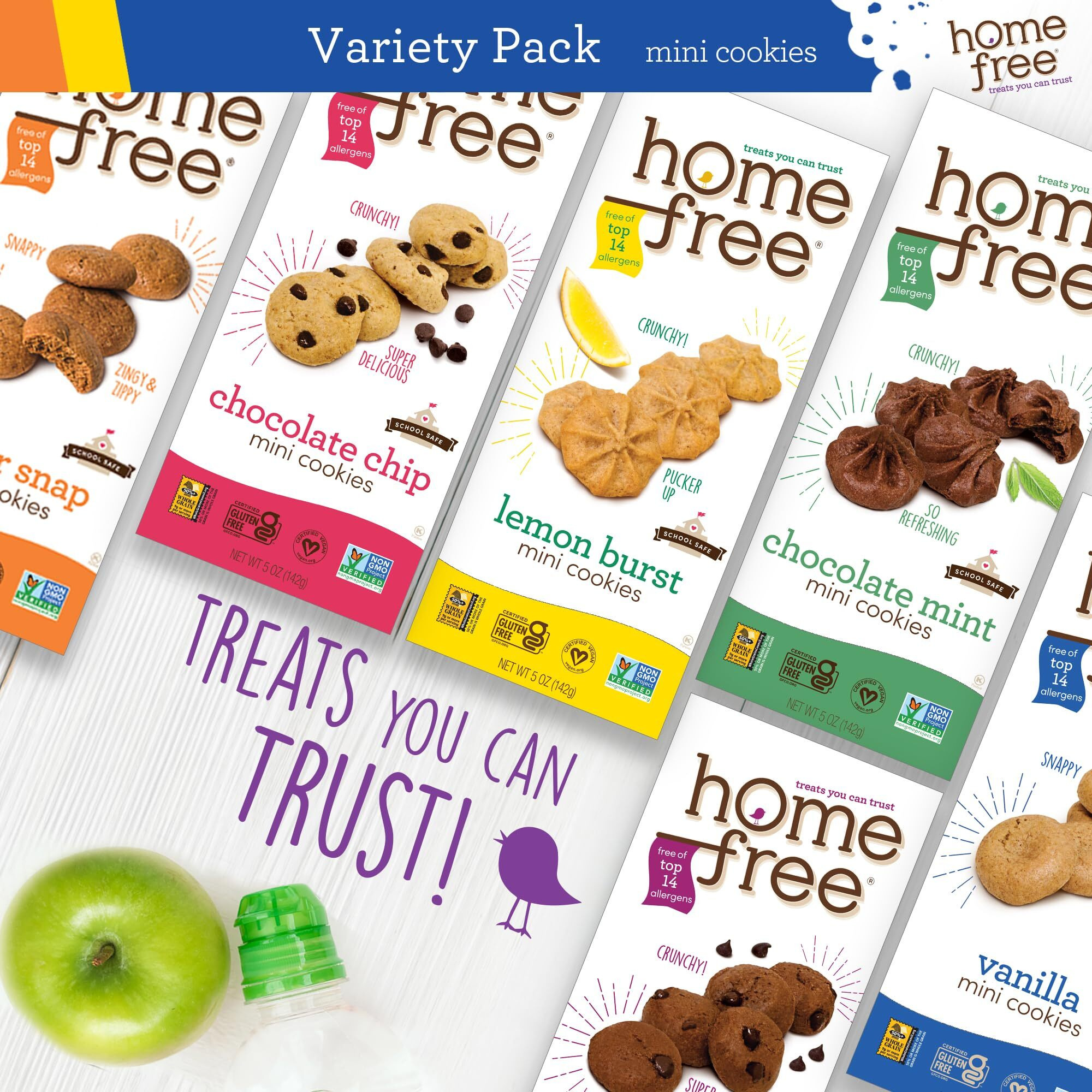 Homefree Treats - Vegan Cookies Variety Pack - Allergy Safe School Snacks - Peanut Free, Gluten Free, Egg Free, Dairy Free - Yummy Crunchy Cookie Assortment, Kosher Pareve (6 Count)