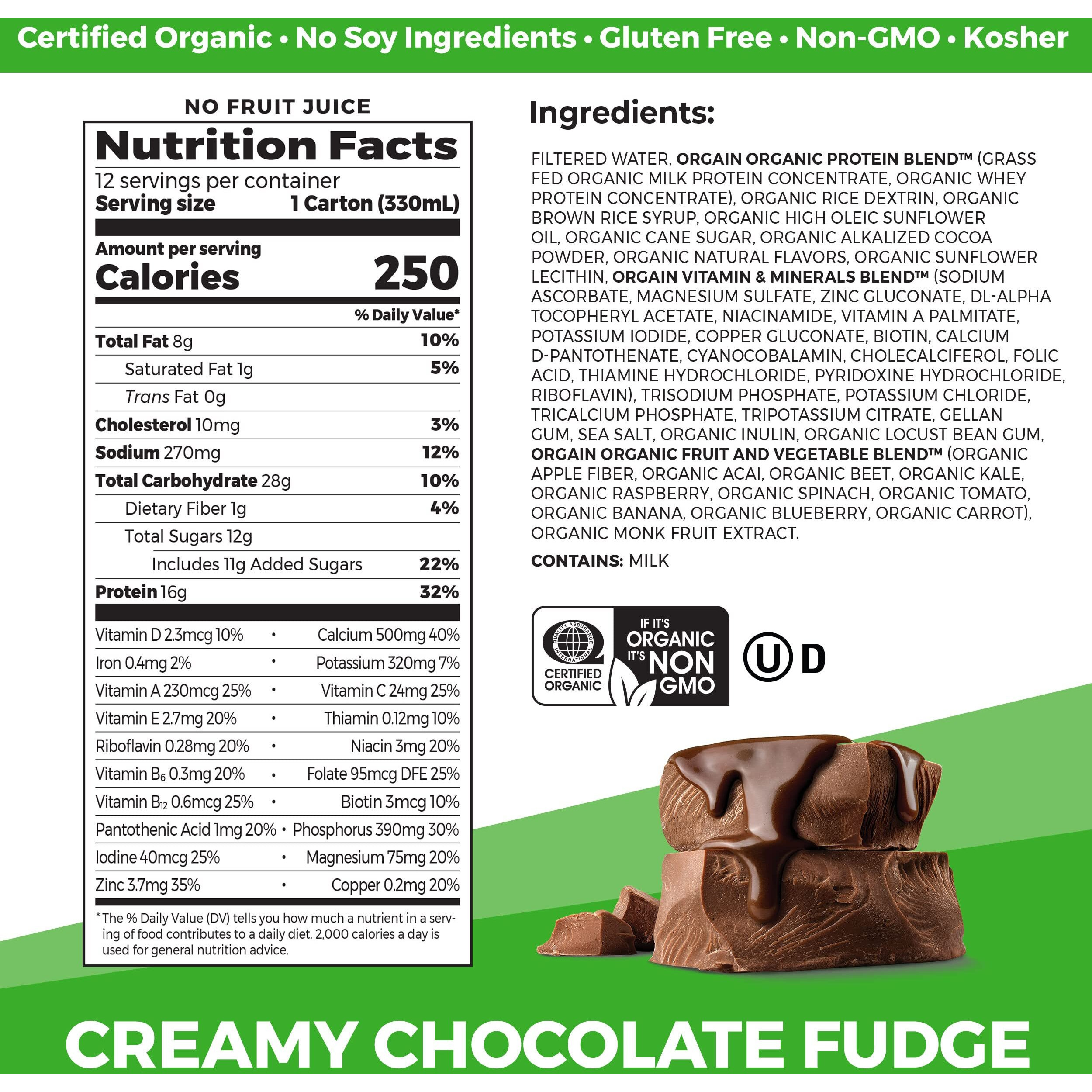 Orgain Organic Nutritional Protein Shake, Creamy Chocolate Fudge - 16G Grass Fed Whey Protein, Meal Replacement, 20 Vitamins & Minerals, Fruits & Vegetables, Gluten Free, Non-Gmo, 11 Fl Oz (12 Pack)