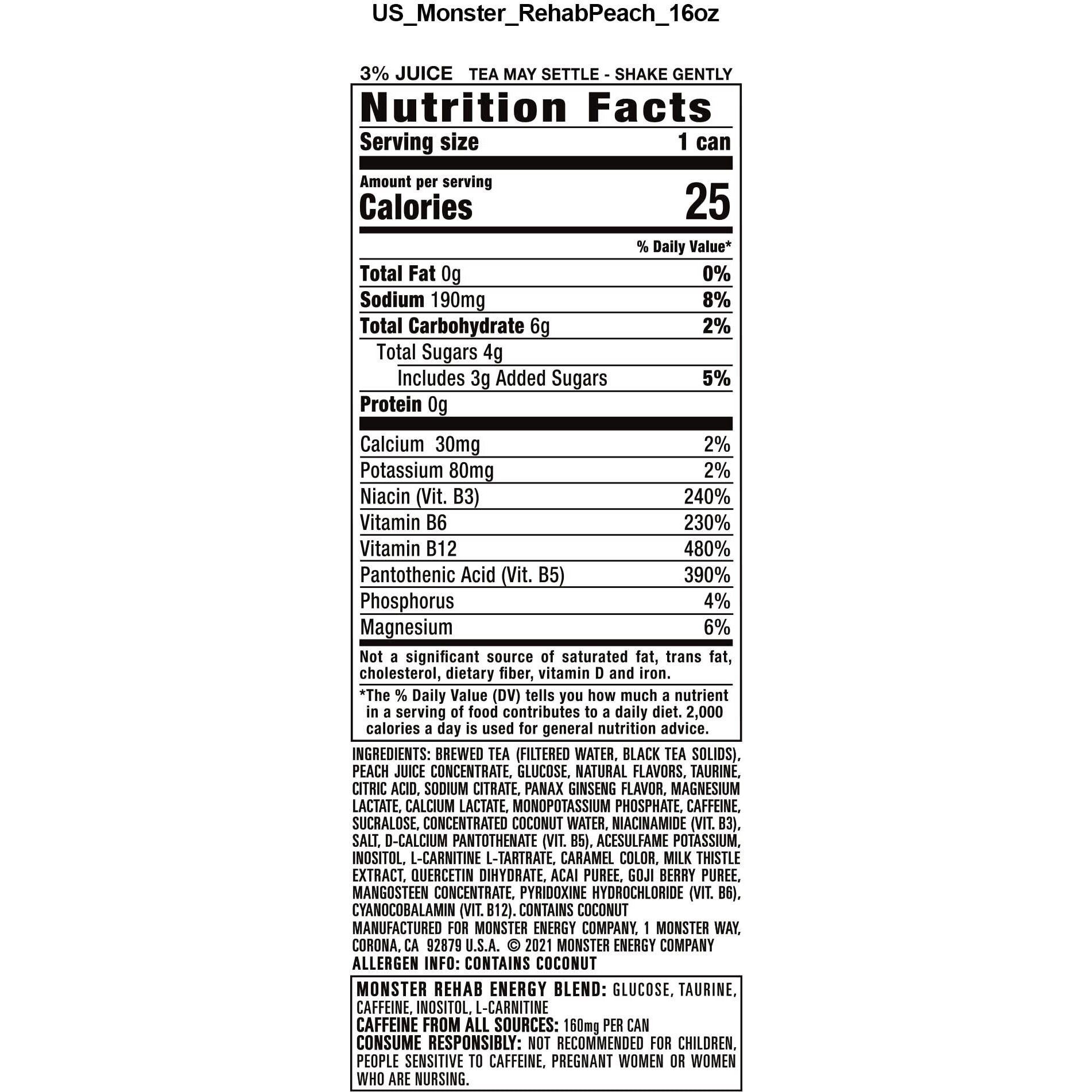 Monster Energy Rehab Peach Tea + Energy, Energy Iced Tea, Energy Drink, 15.5 Ounce (Pack Of 15)