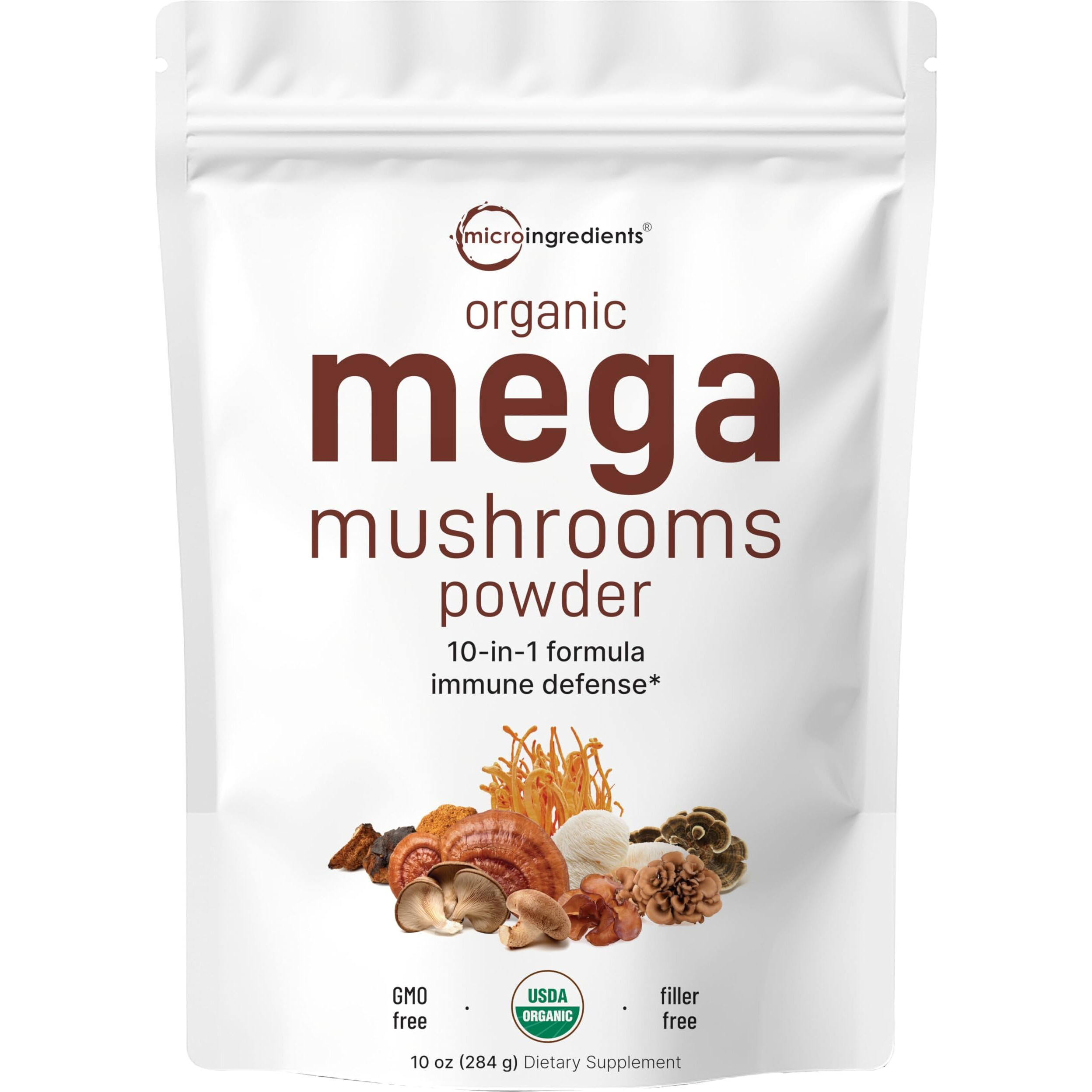 Micro Ingredients Organic Mega Mushroom 10 In 1 Complex Formula Powder For Immune System Booster, 10 Ounce (284 Days Supply), Chaga, Lions Mane, Cordyceps, Reishi & More, Filler Free, Vegan