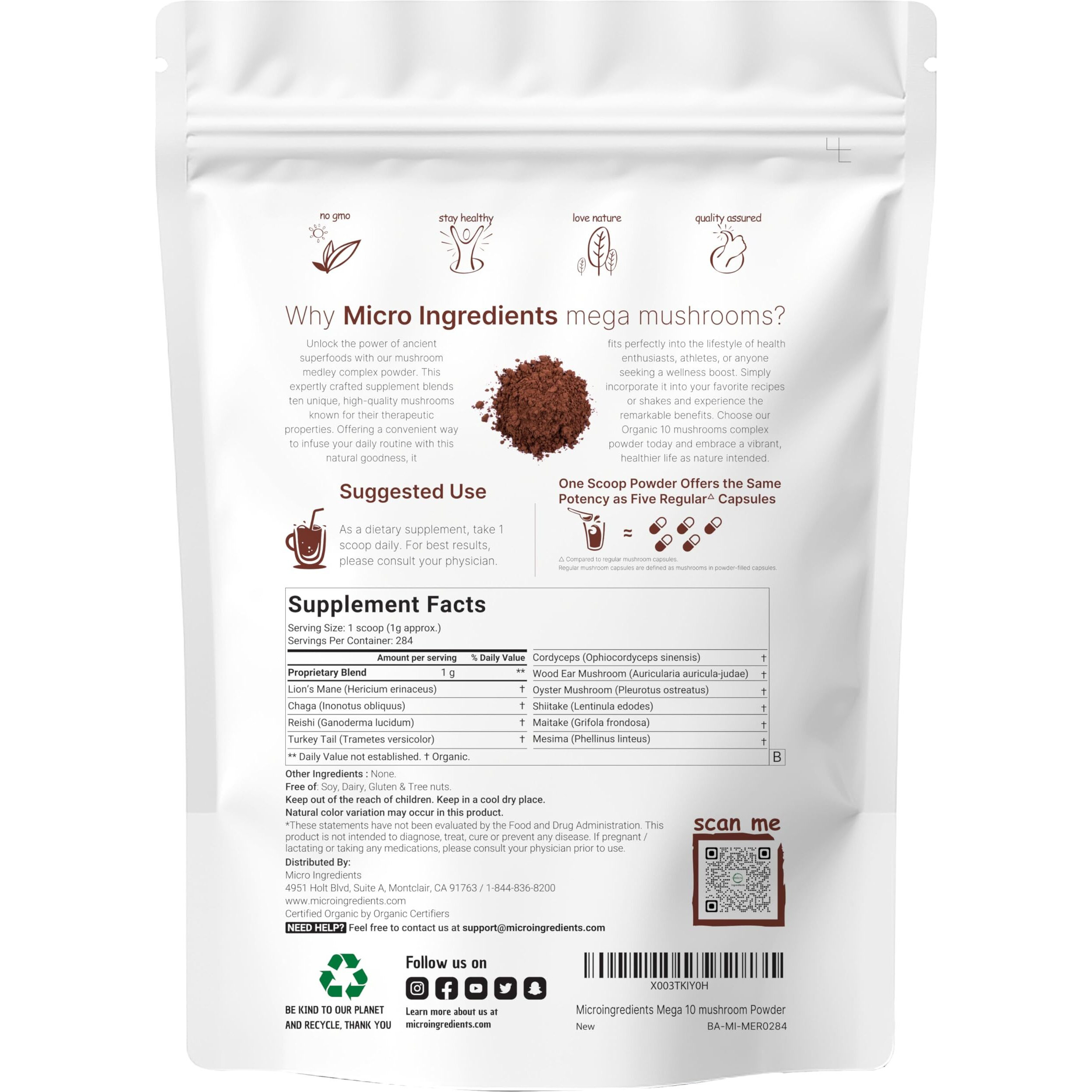 Micro Ingredients Organic Mega Mushroom 10 In 1 Complex Formula Powder For Immune System Booster, 10 Ounce (284 Days Supply), Chaga, Lions Mane, Cordyceps, Reishi & More, Filler Free, Vegan